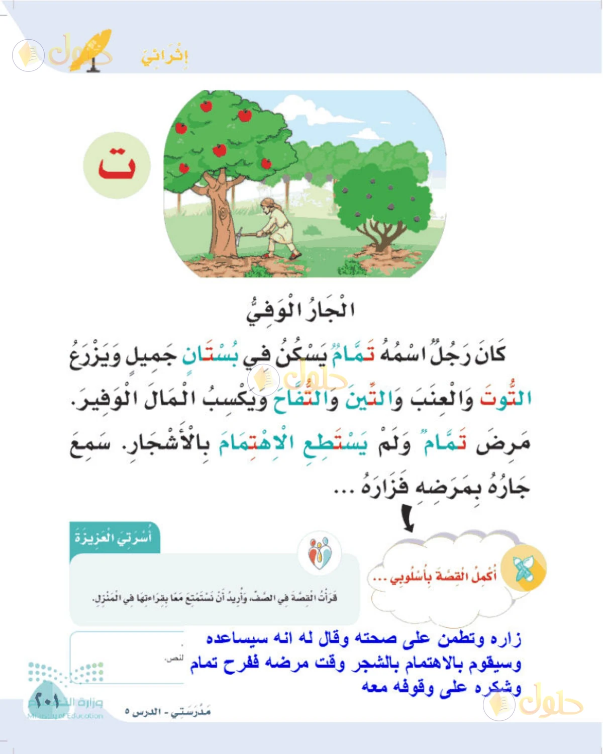 حل لغتي الصف الأول الابتدائي صفحة 201