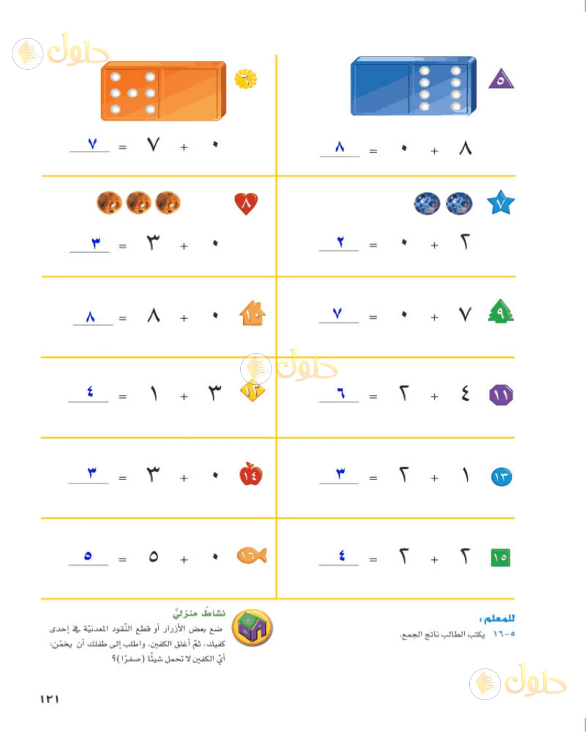 حل الرياضيات للصف الأول الابتدائي صفحة 121