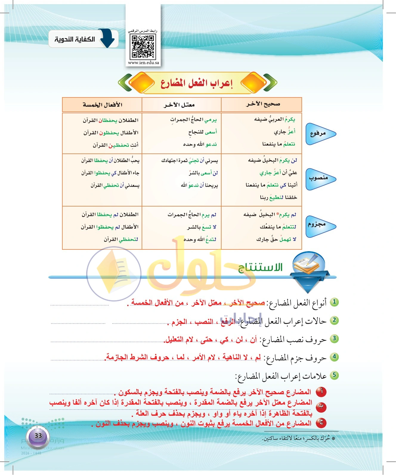 حل استنتاج إعراب المضارع — صفحة ٣٣ في كتاب الكفايات اللغوية 1-1 للصف الأول الثانوي