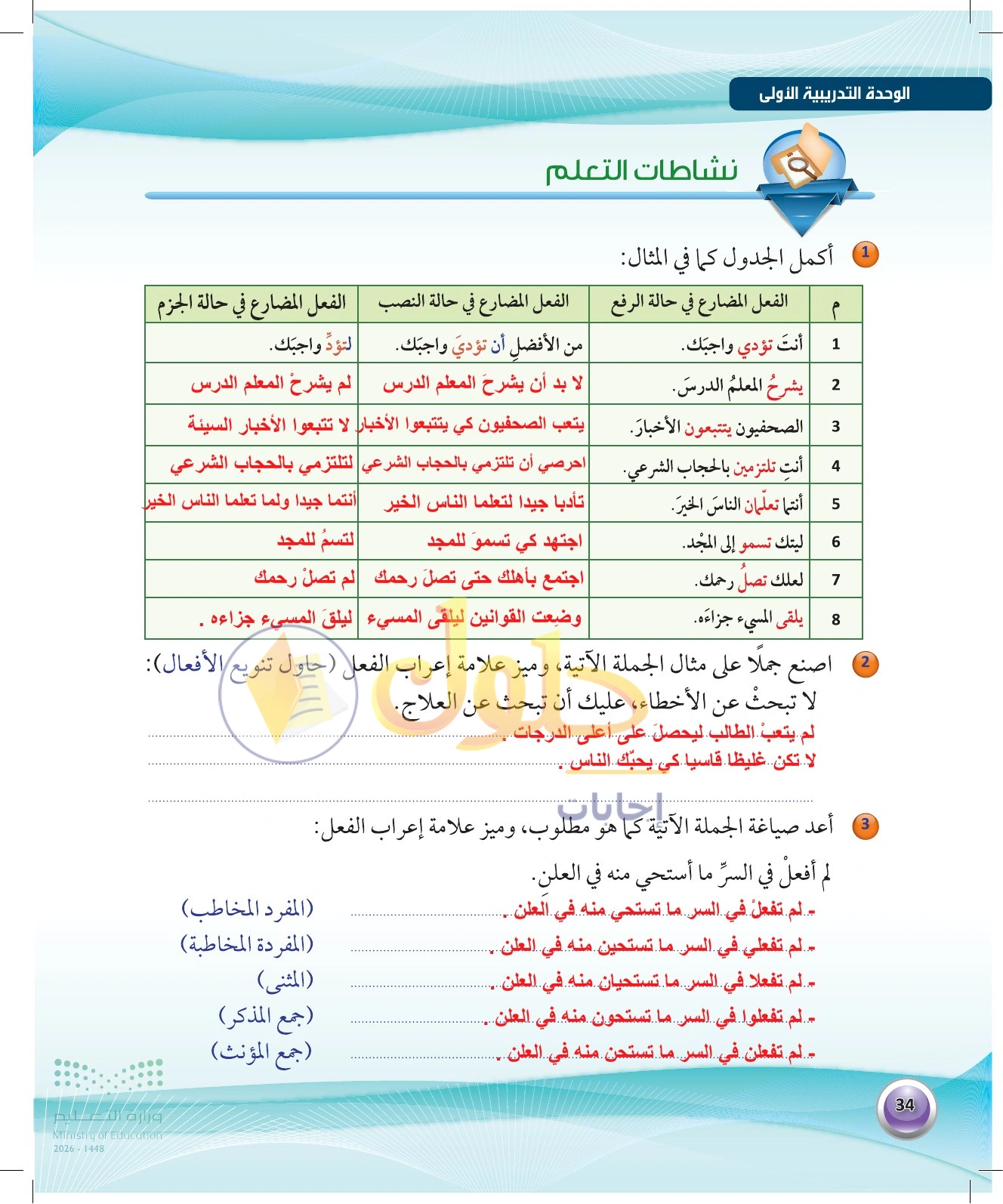 حل تدريبات المضارع — صفحة ٣٤ في كتاب الكفايات اللغوية 1-1 للصف الأول الثانوي