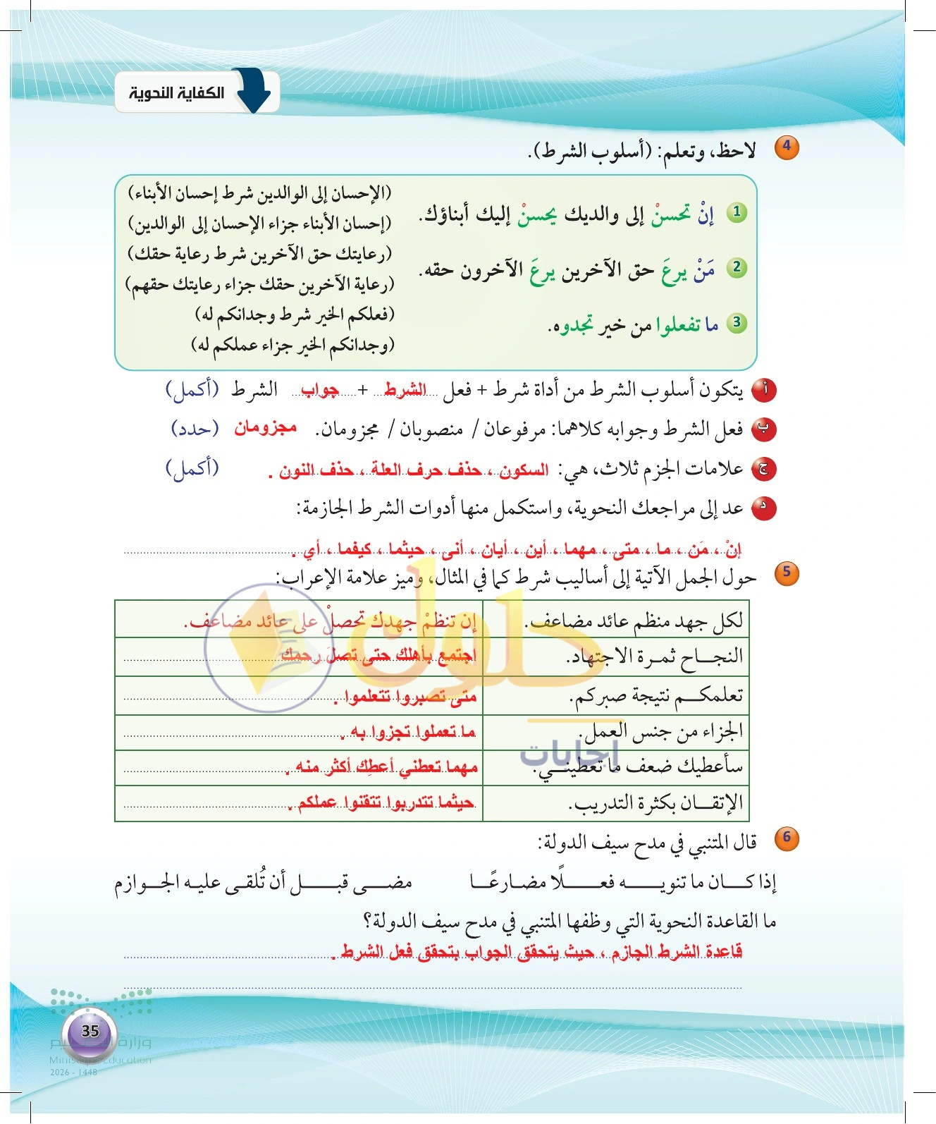 حل أسلوب الشرط — صفحة ٣٥ في كتاب الكفايات اللغوية 1-1 للصف الأول الثانوي