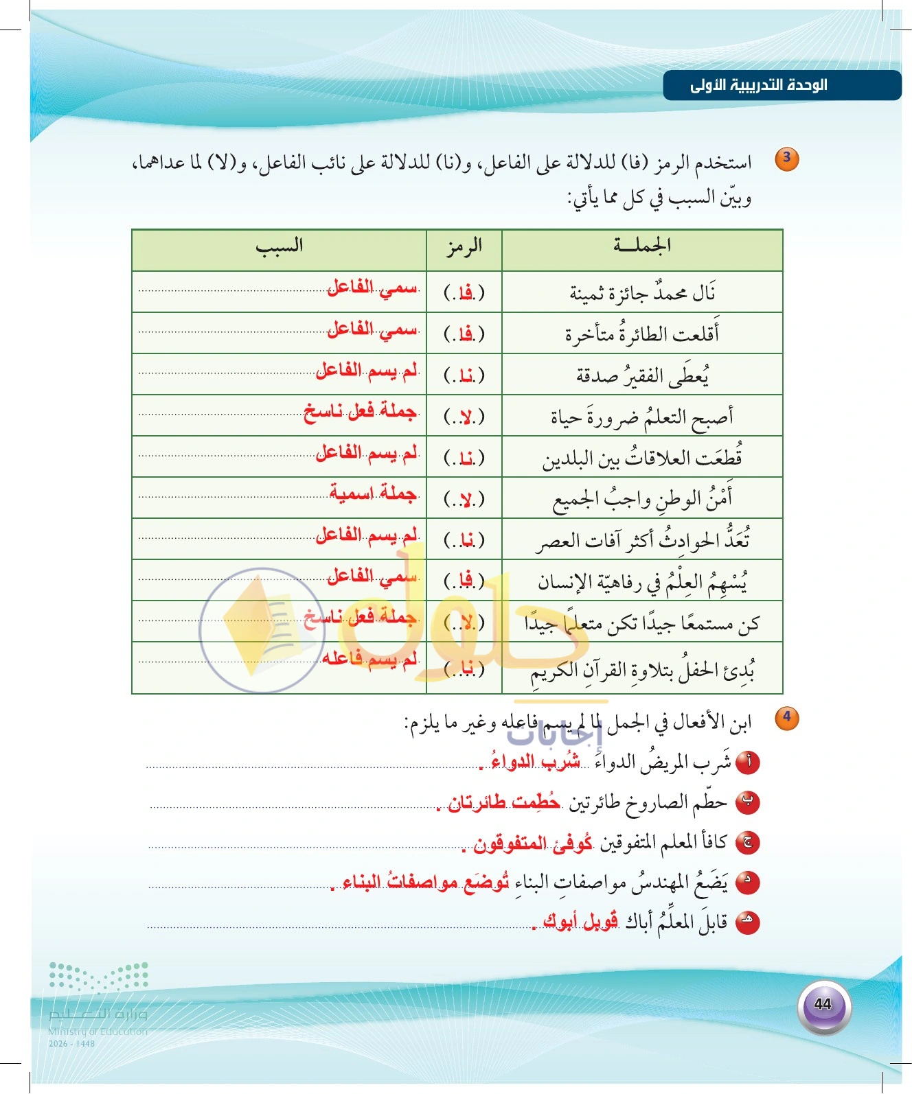 حل رموز الفاعل والبناء للمجهول — صفحة ٤٤ في كتاب الكفايات اللغوية 1-1 للصف الأول الثانوي