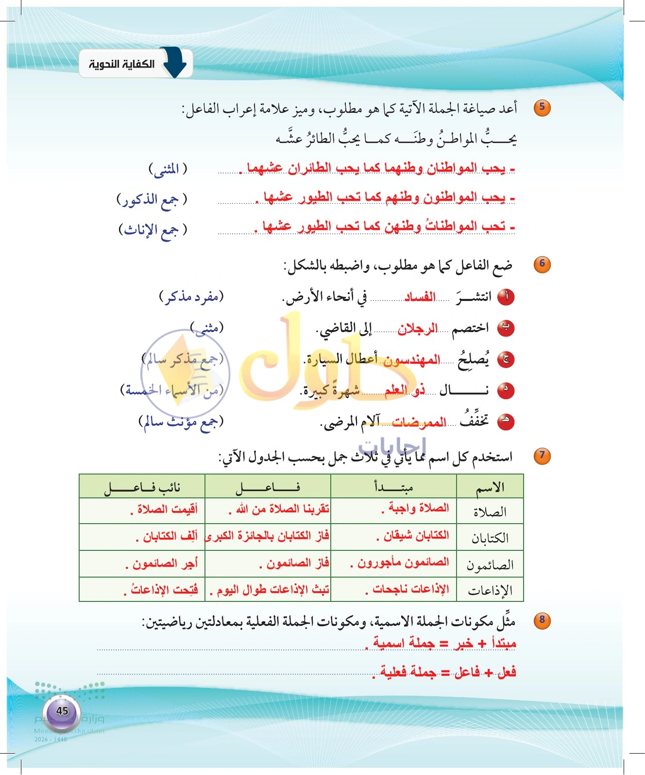 حل تدريبات الفاعل الثلاثية — صفحة ٤٥ في كتاب الكفايات اللغوية 1-1 للصف الأول الثانوي