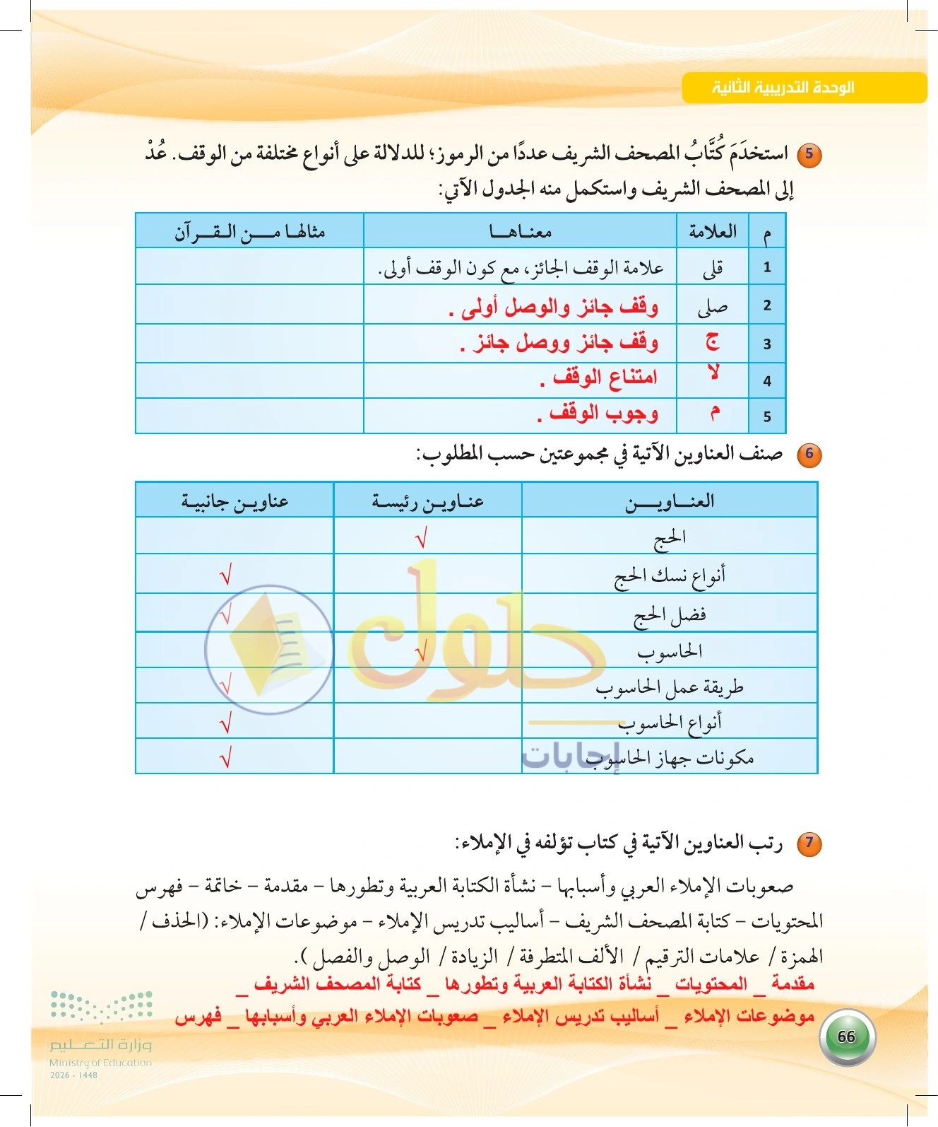 حل نشاطات — صفحة ٦٦ في كتاب الكفايات اللغوية 1-1 للصف الأول الثانوي