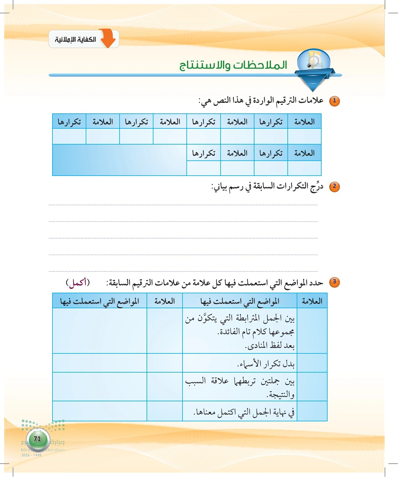 معلومة تعليمية عن الملاحظات والاستنتاج — صفحة ٧١ في كتاب الكفايات اللغوية 1-1 للصف الأول الثانوي