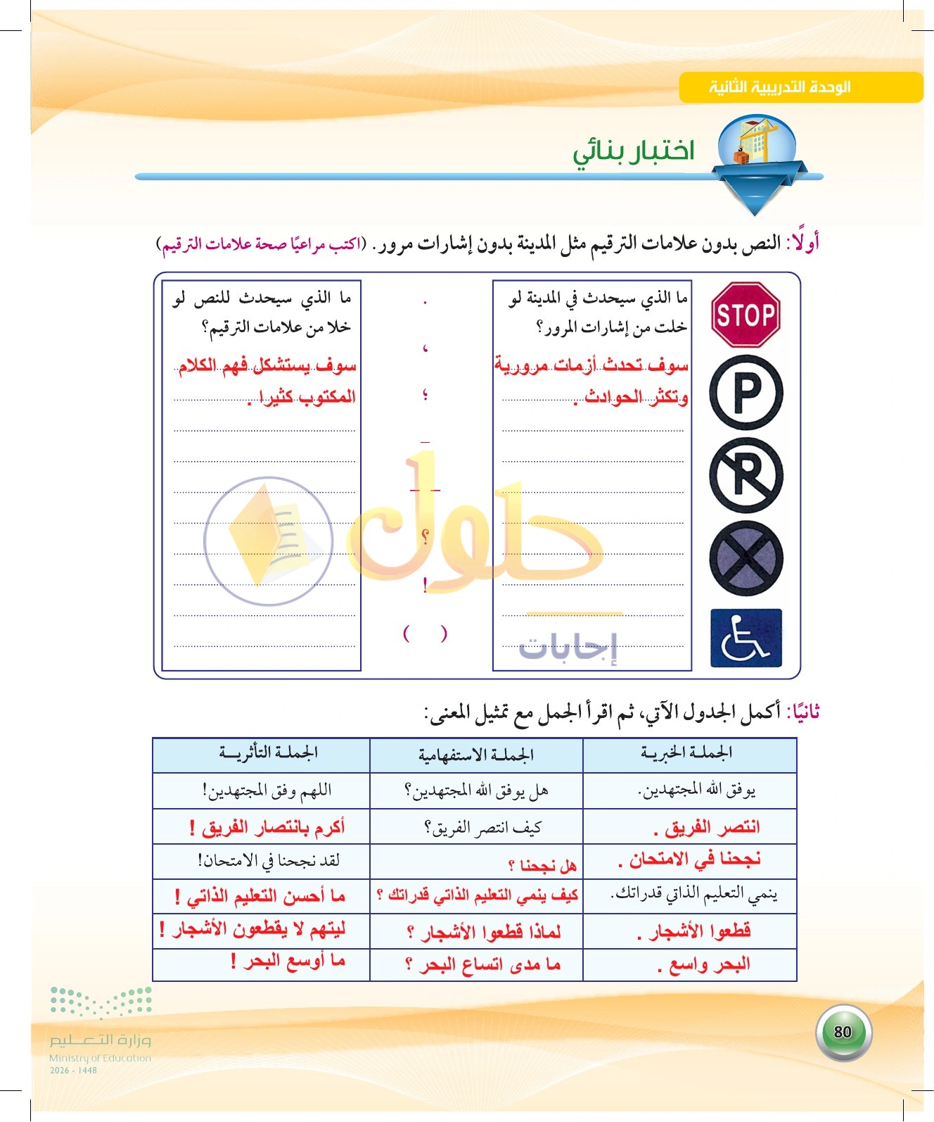 حل الاختبار البنائي أولا وثانيا — صفحة ٨٠ في كتاب الكفايات اللغوية 1-1 للصف الأول الثانوي