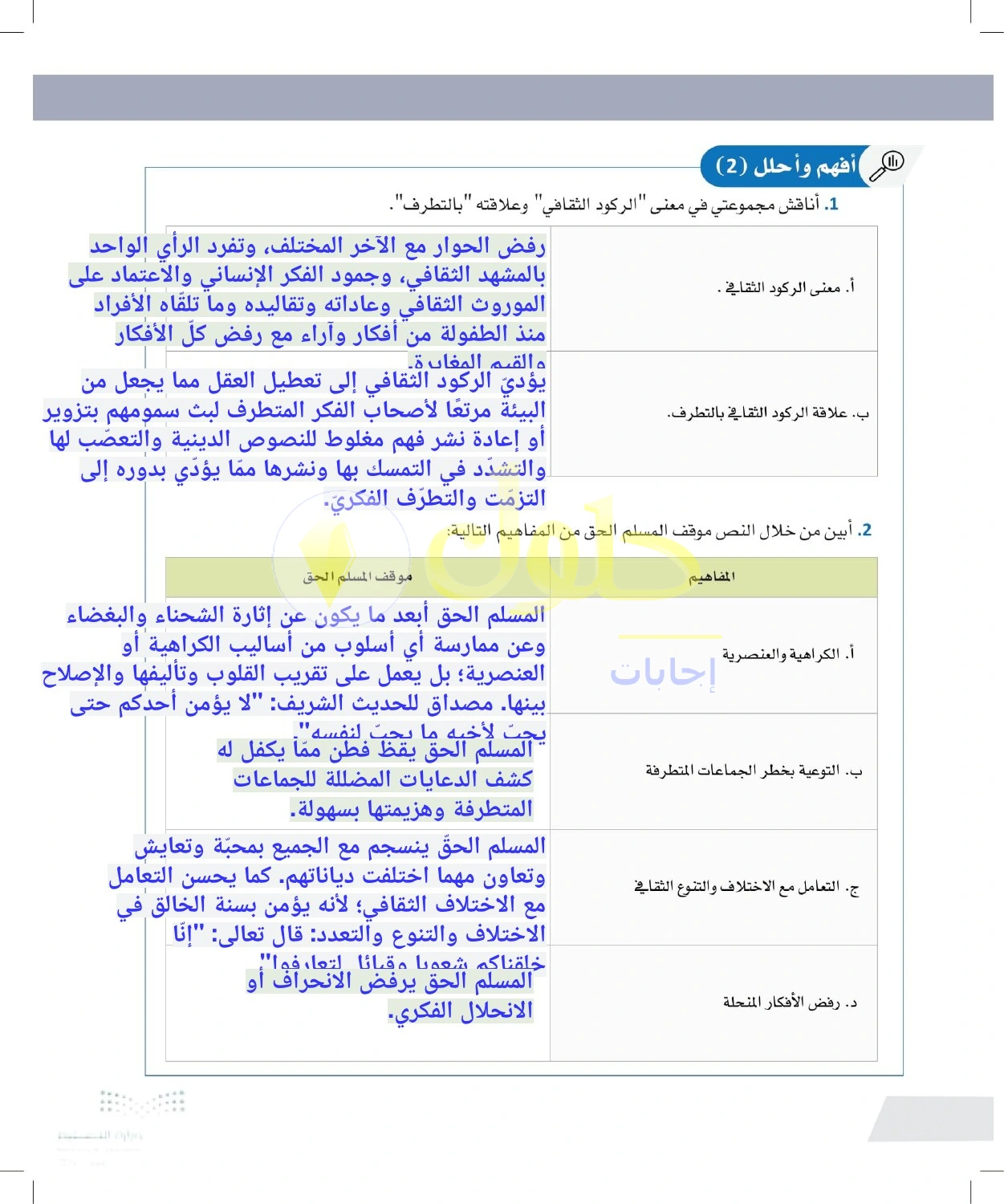 حل أنشطة الركود الثقافي وموقف المسلم من الاختلاف — صفحة ١١٢ في كتاب التفكير الناقد للصف الأول الثانوي