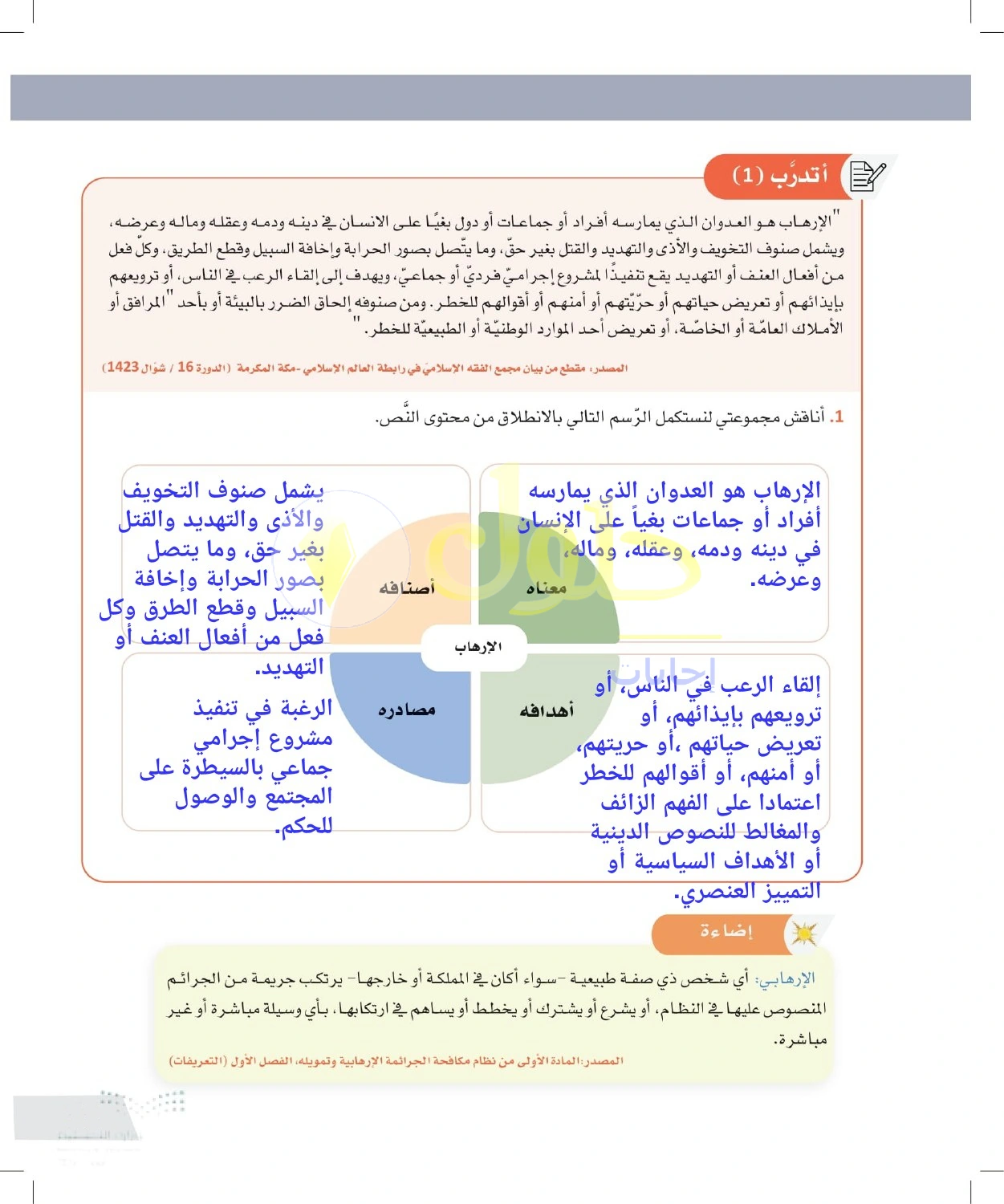 حل أنشطة تعريف الإرهاب وأهدافه وأصنافه — صفحة ١١٣ في كتاب التفكير الناقد للصف الأول الثانوي