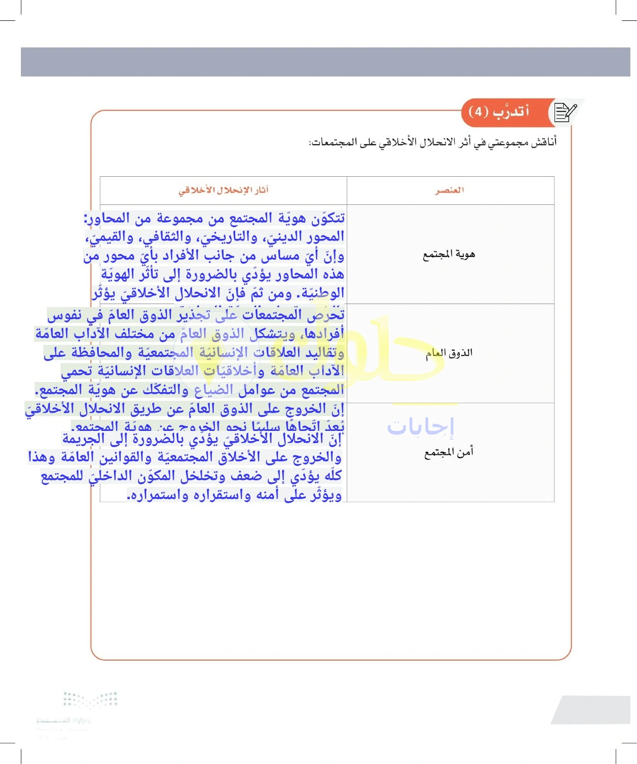 حل أنشطة أثر الانحلال الأخلاقي على هوية المجتمع — صفحة ١٢٤ في كتاب التفكير الناقد للصف الأول الثانوي
