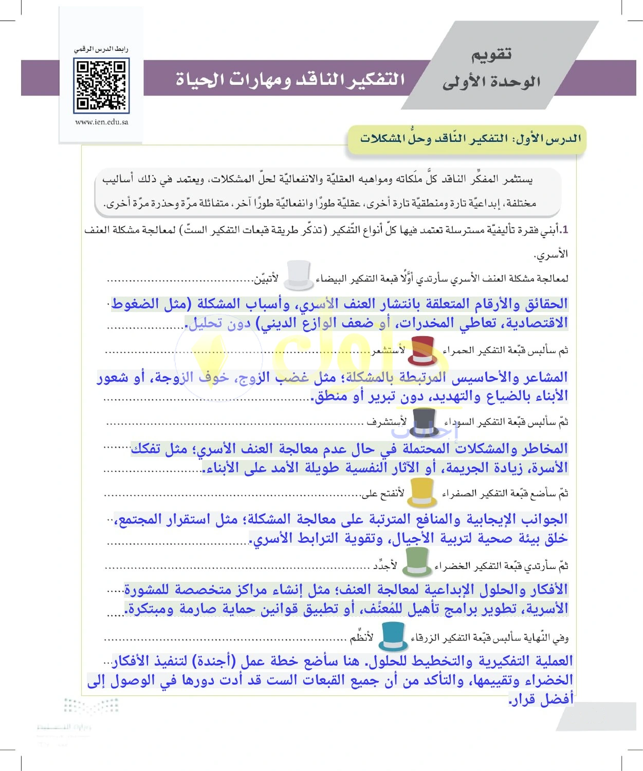 حل أنشطة القبعات الست وتحليل العنف الأسري — صفحة ١٢٨ في كتاب التفكير الناقد للصف الأول الثانوي