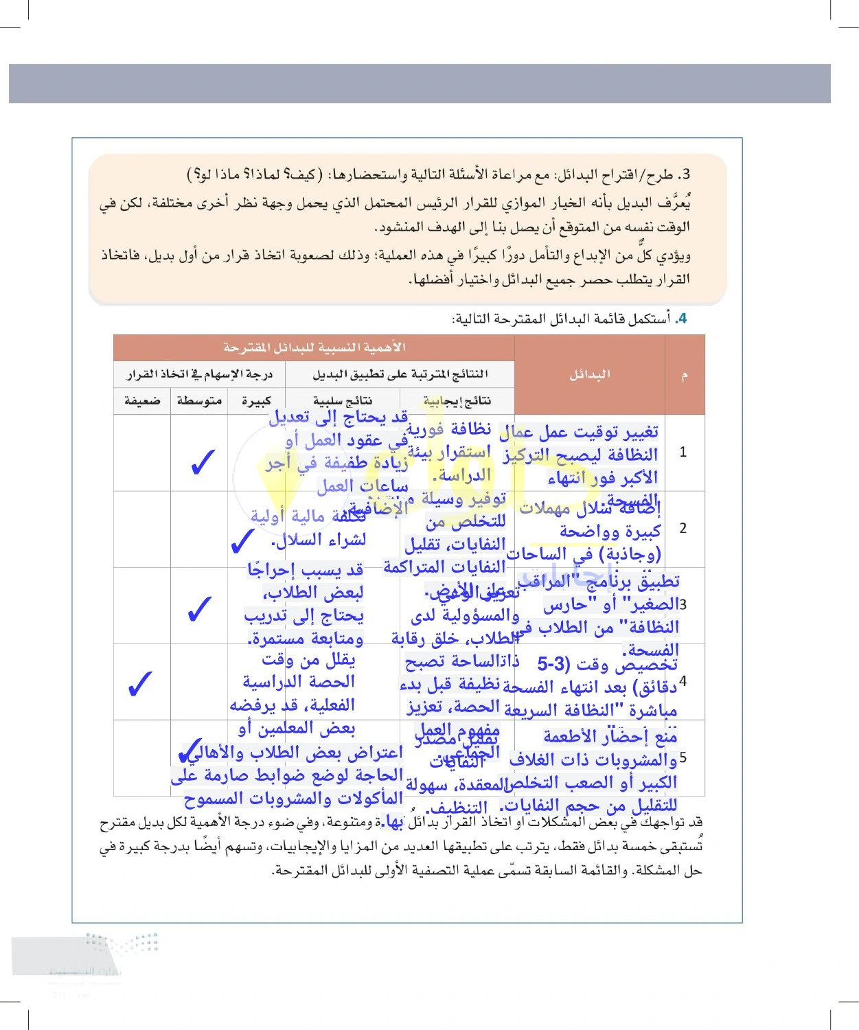 حل أنشطة اقتراح بدائل لحل مشكلة النظافة المدرسية — صفحة ٢٩ في كتاب التفكير الناقد للصف الأول الثانوي