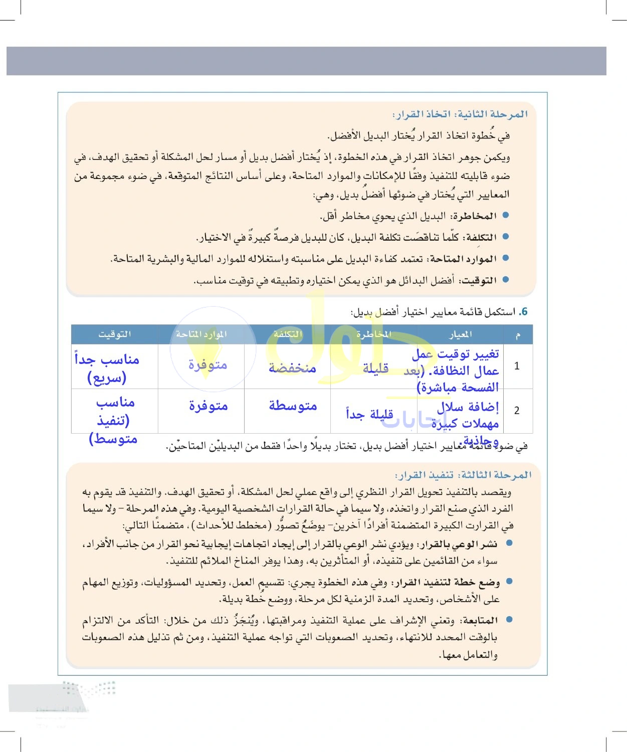 حل أنشطة اختيار البديل وتنفيذ القرار ومتابعته — صفحة ٣١ في كتاب التفكير الناقد للصف الأول الثانوي