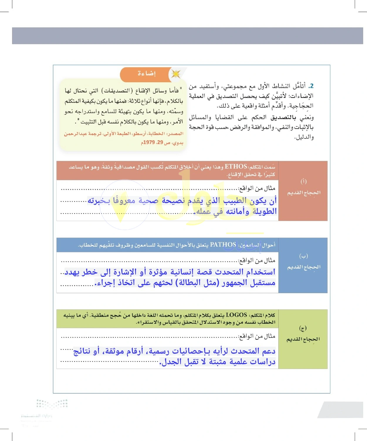 حل أنشطة الإقناع بالشخص والعاطفة والحجة العقلية — صفحة ٦٢ في كتاب التفكير الناقد للصف الأول الثانوي