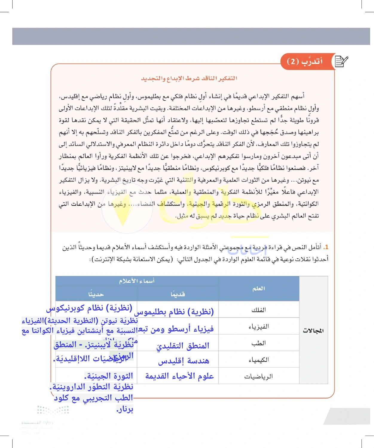 حل أنشطة تجدد المعرفة العلمية عبر التاريخ — صفحة ٩٠ في كتاب التفكير الناقد للصف الأول الثانوي