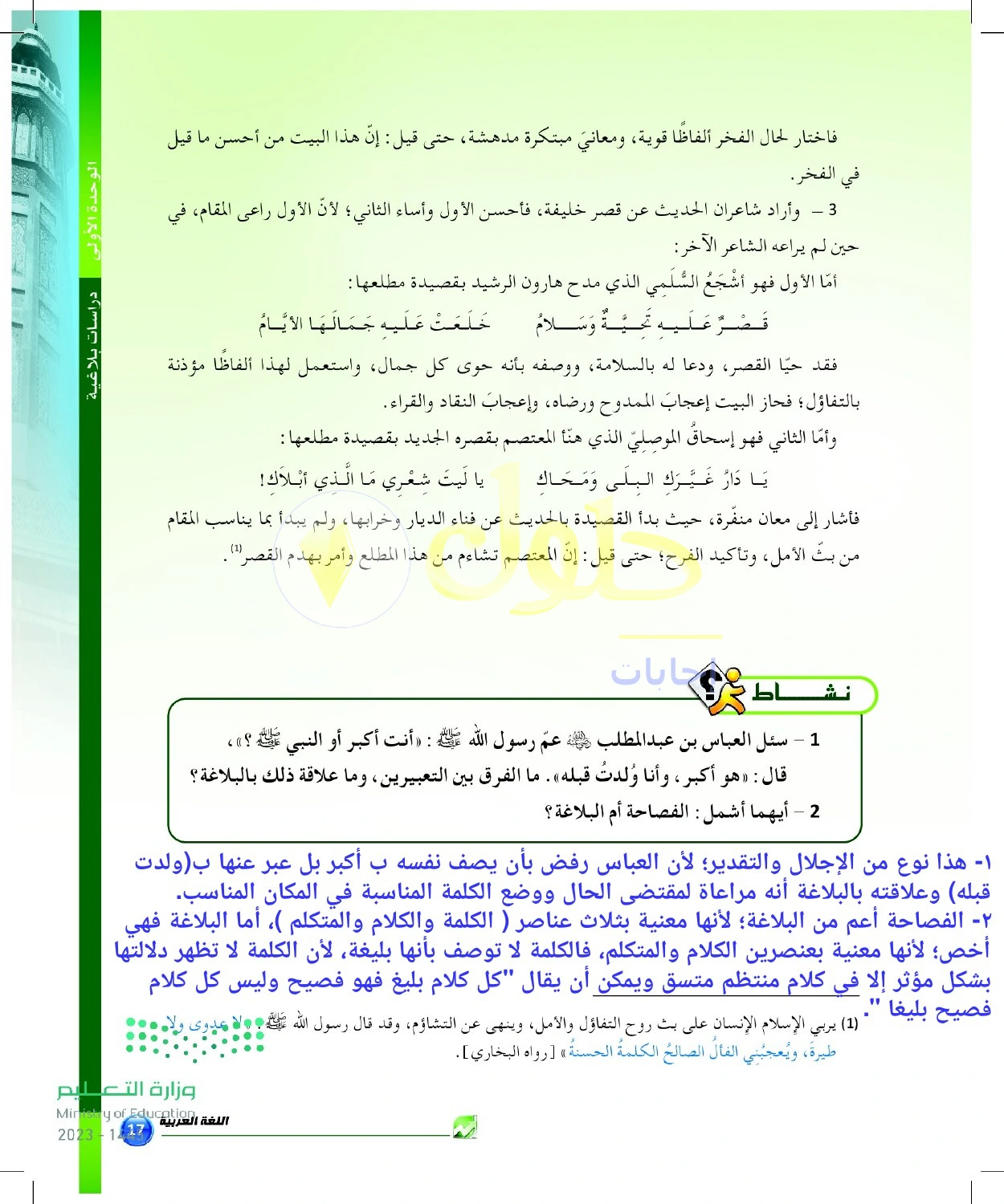 حل أنشطة الفصاحة والبلاغة في مخاطبة الناس بلغاتهم — صفحة ١٧ في كتاب البلاغة والنقد للصف الثالث الثانوي