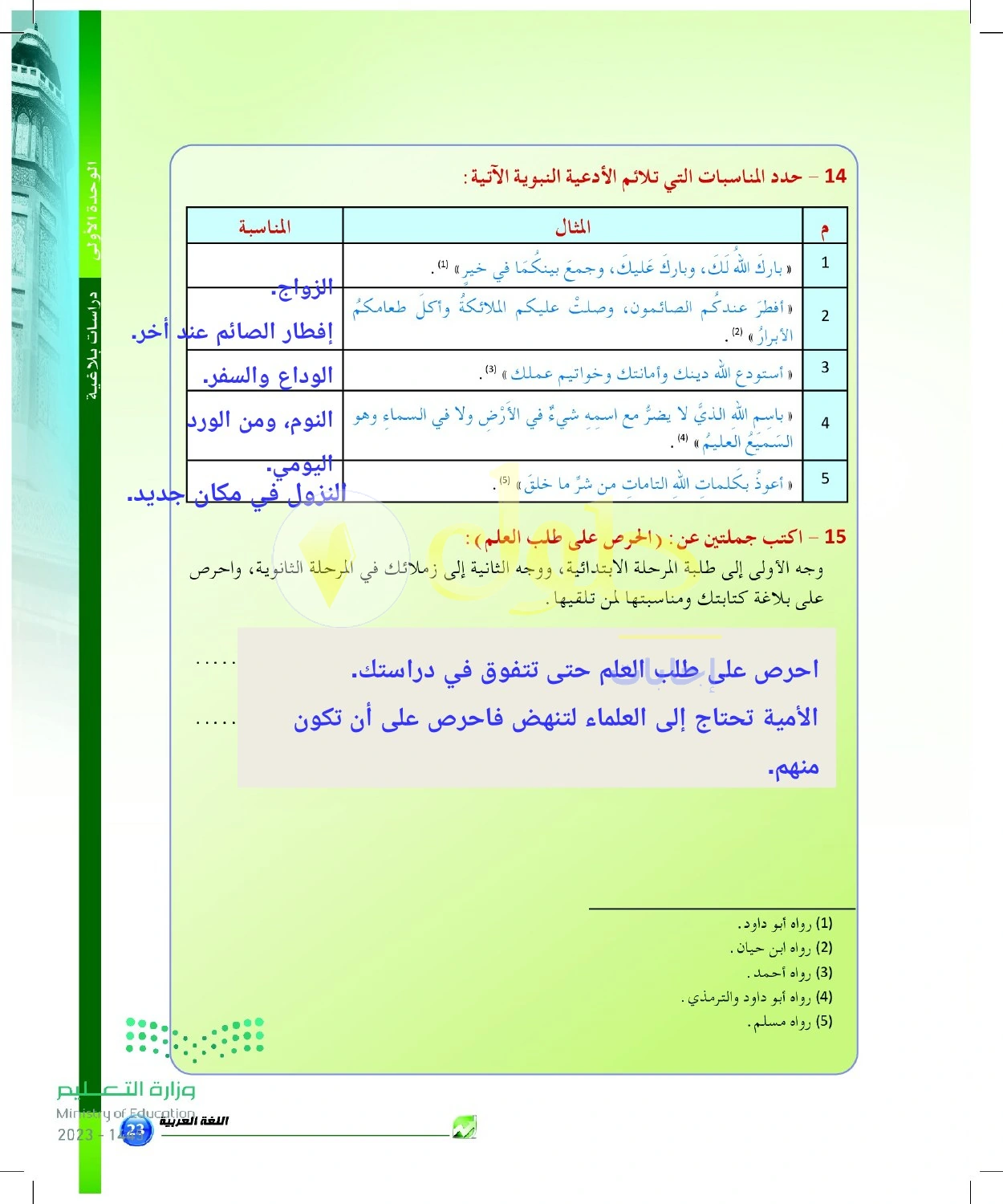 حل أنشطة مناسبات الأدعية وتغير خطاب طلب العلم — صفحة ٢٣ في كتاب البلاغة والنقد للصف الثالث الثانوي