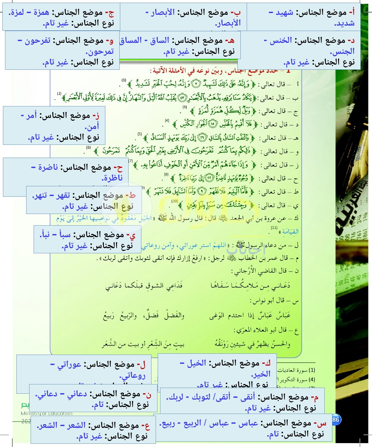 حل أنشطة استخراج الجناس ونوعه — صفحة ٨٦ في كتاب البلاغة والنقد للصف الثالث الثانوي