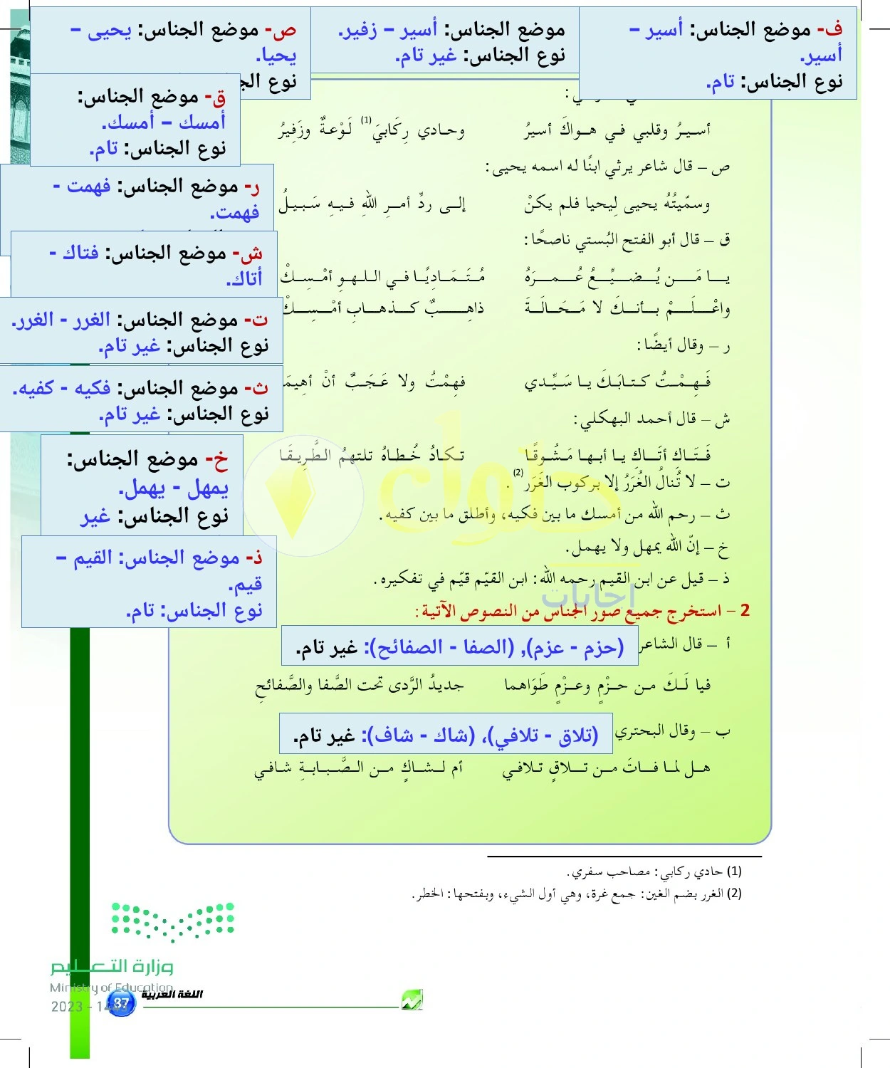 حل أنشطة تحليل الجناس في الشعر والنثر — صفحة ٨٧ في كتاب البلاغة والنقد للصف الثالث الثانوي