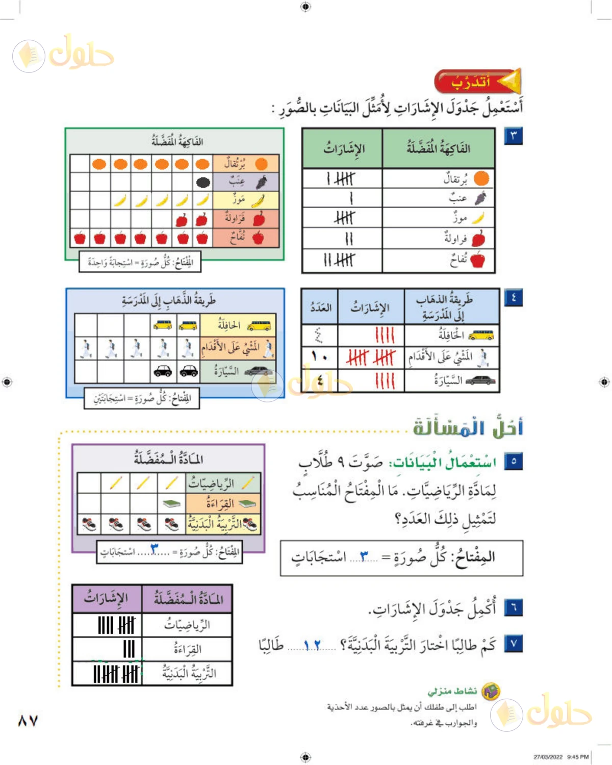 حل الرياضيات للصف الثاني الابتدائي صفحة 87 الجزء 1