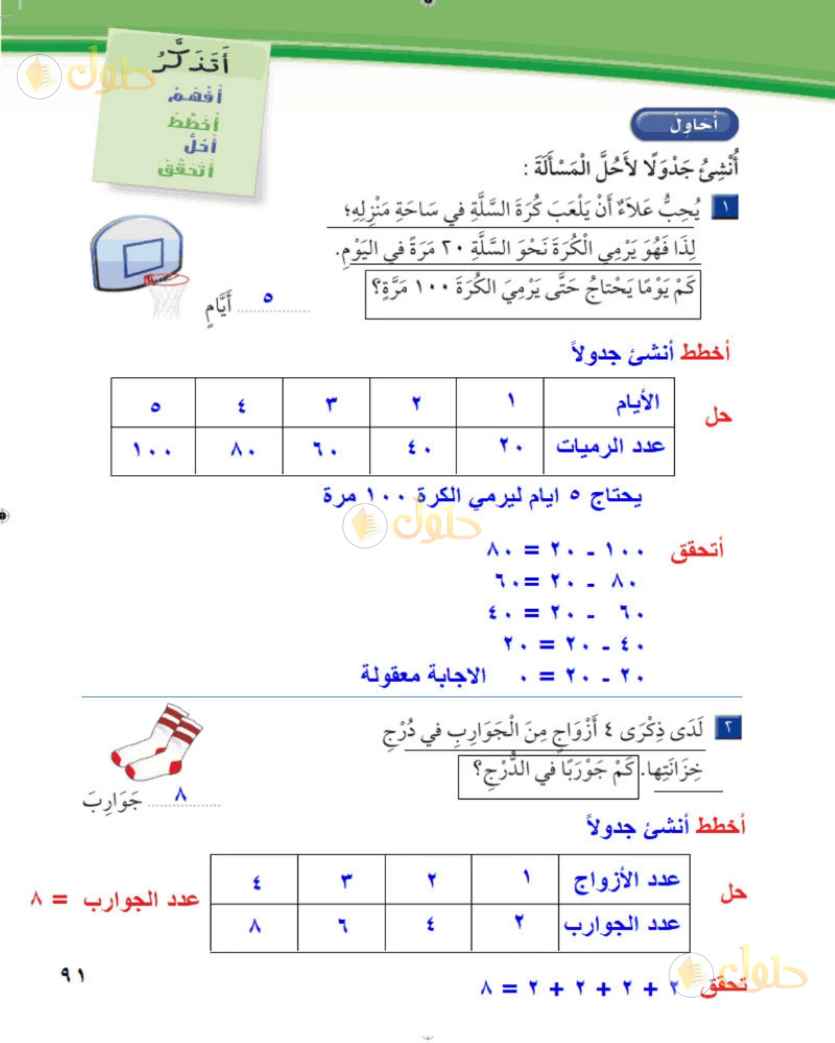 حل الرياضيات للصف الثاني الابتدائي صفحة 91 الجزء 1