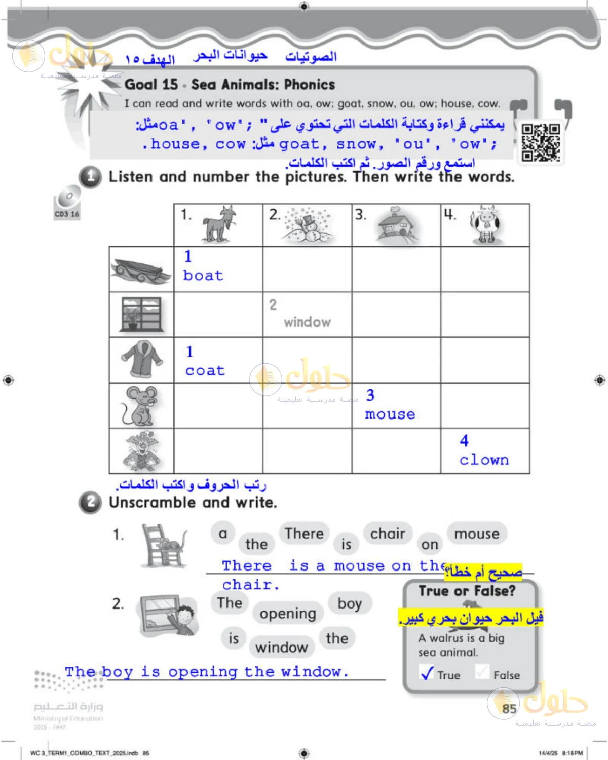 حل اللغة الإنجليزية للصف الثالث الابتدائي صفحة 85
