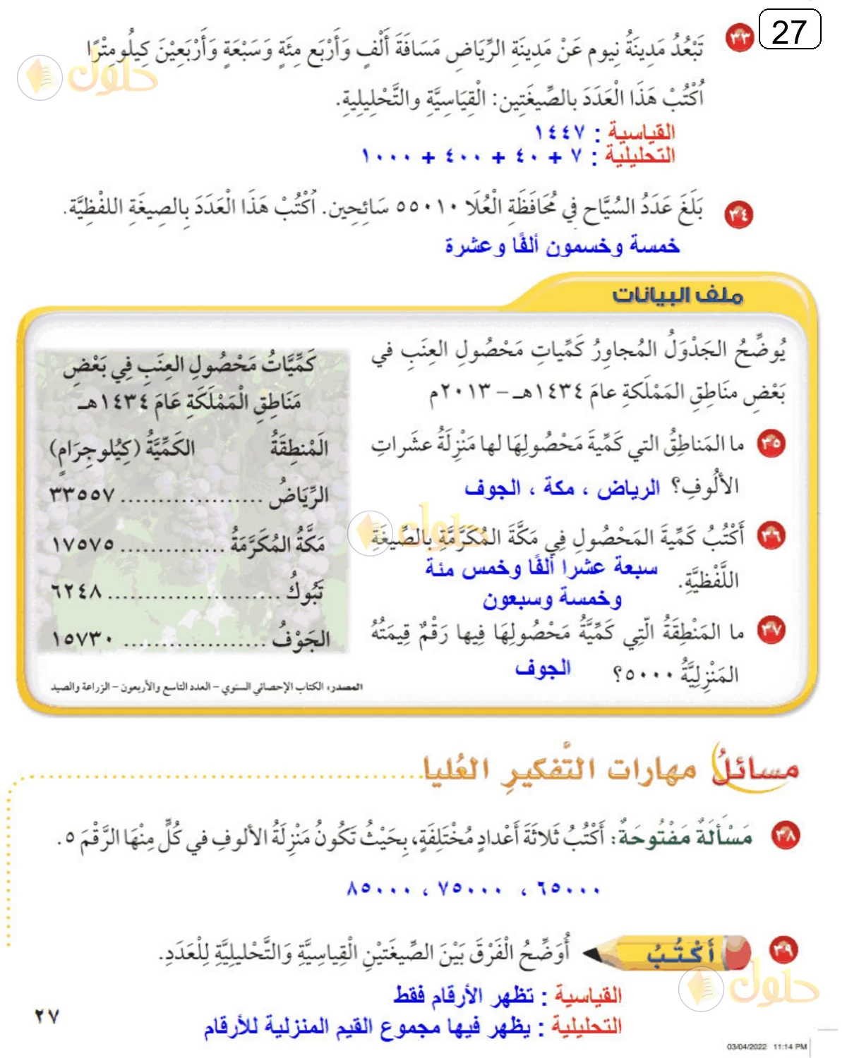 حل الرياضيات للصف الثالث الابتدائي صفحة 27 الجزء 1