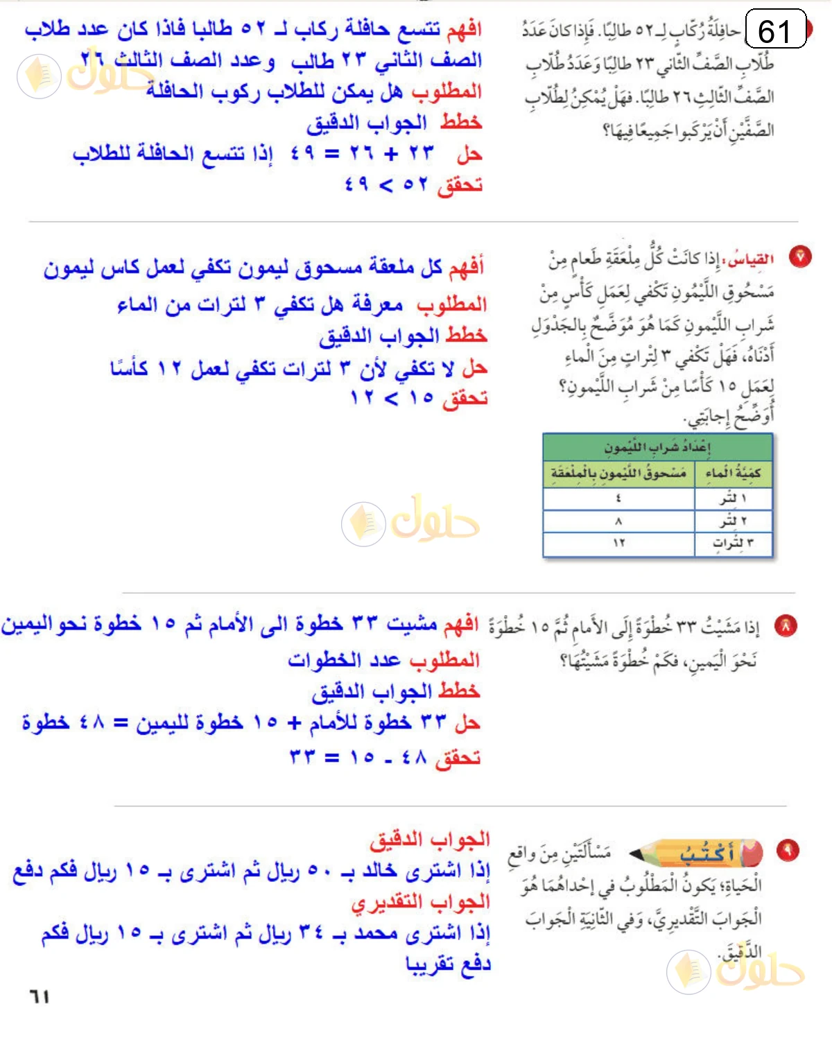 حل الرياضيات للصف الثالث الابتدائي صفحة 61 الجزء 2