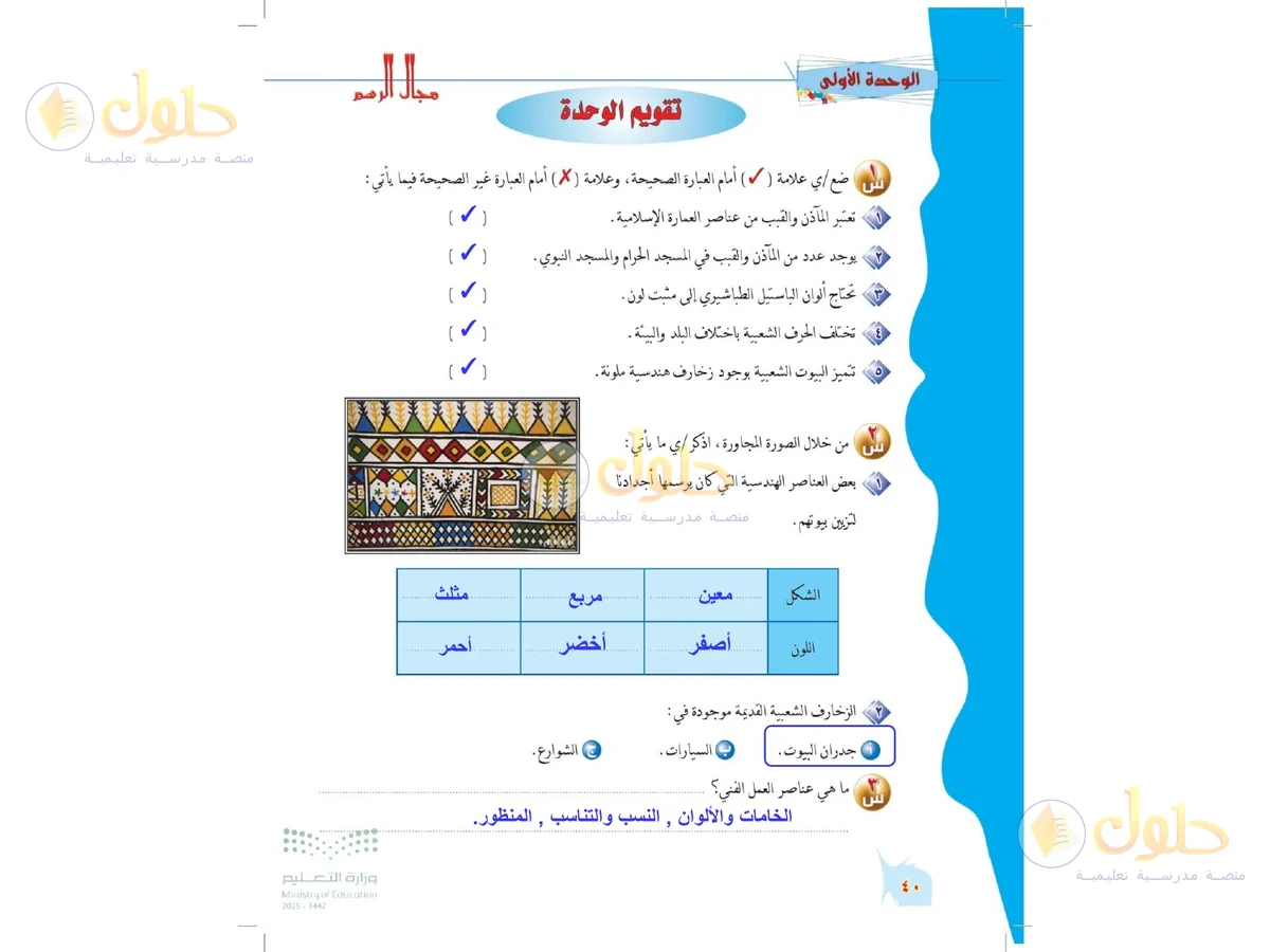 حل التربية الفنية للصف الخامس الابتدائي صفحة 40