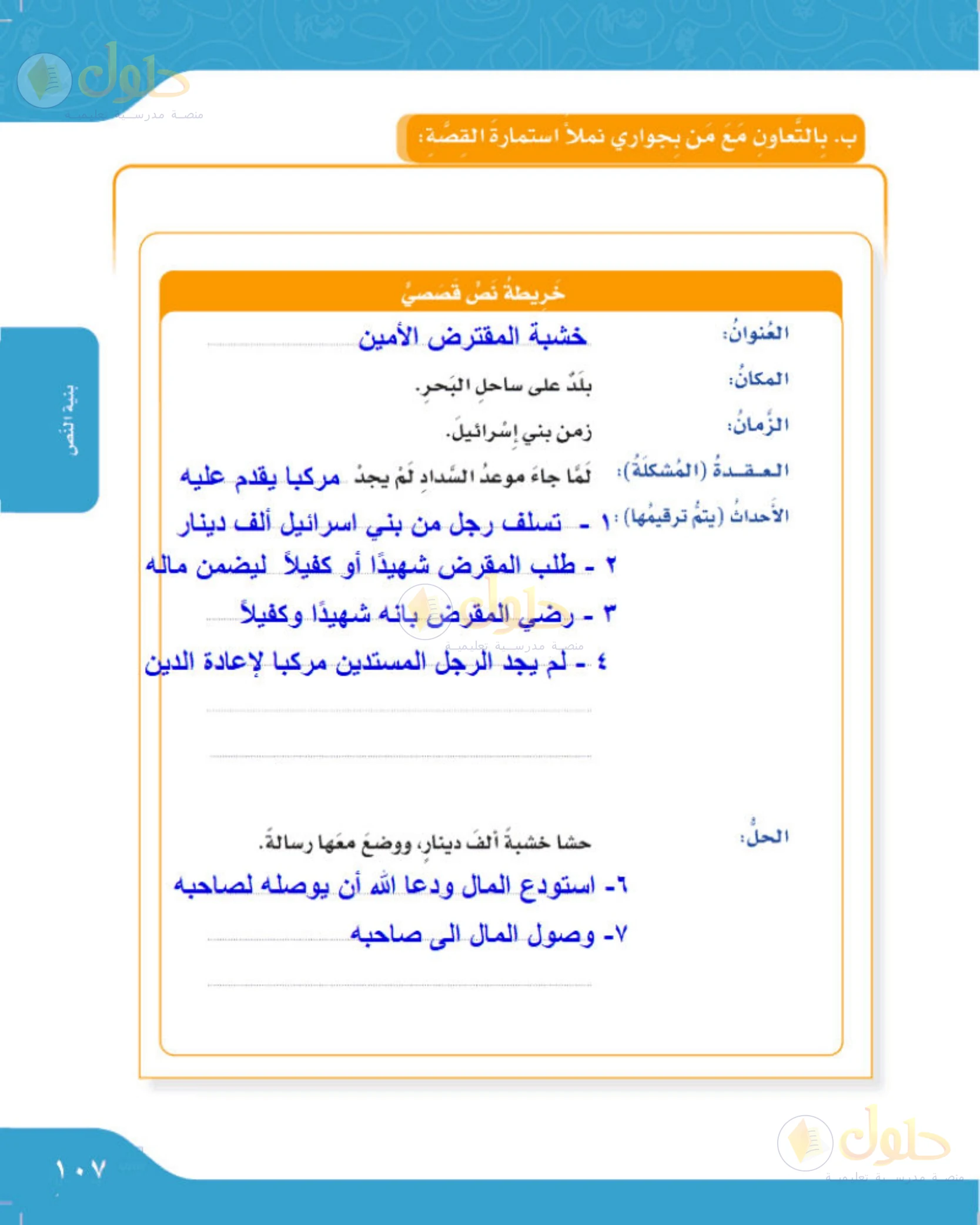 حل لغتي الجميلة للصف الخامس الابتدائي صفحة 107: خريطة قصة خشبة المقترض الأمين