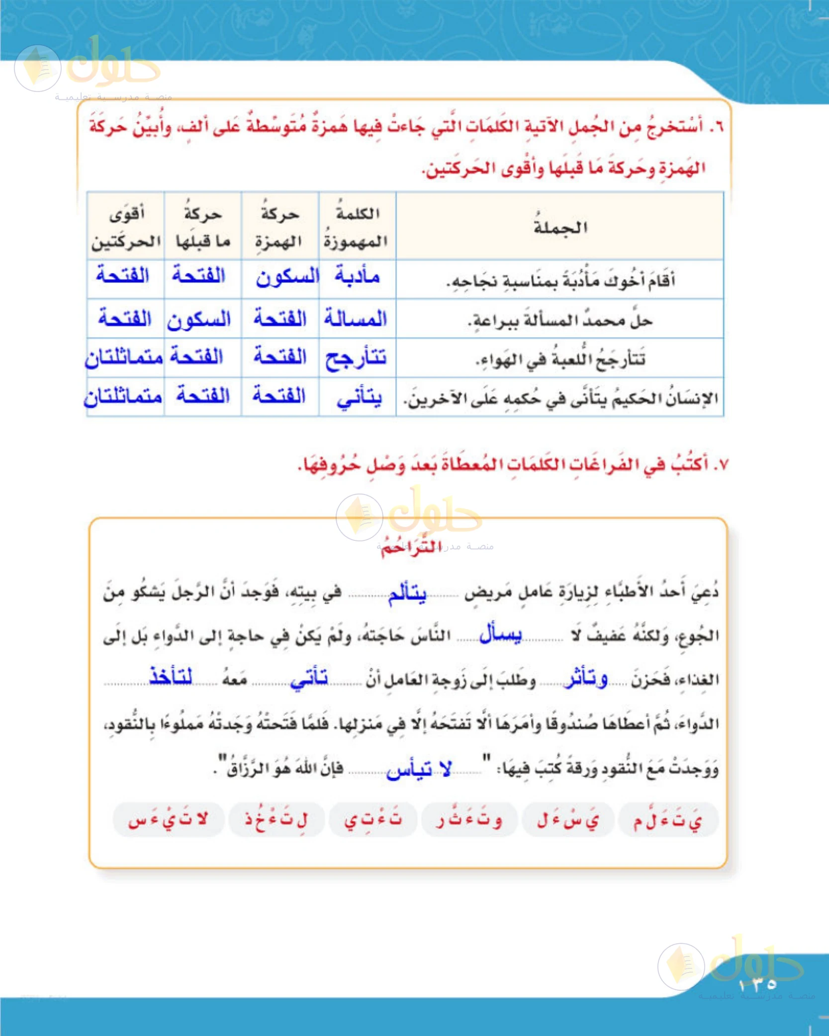 حل لغتي الجميلة للصف الخامس الابتدائي صفحة 136: الإملاء وكتابة عبارة بخط النسخ