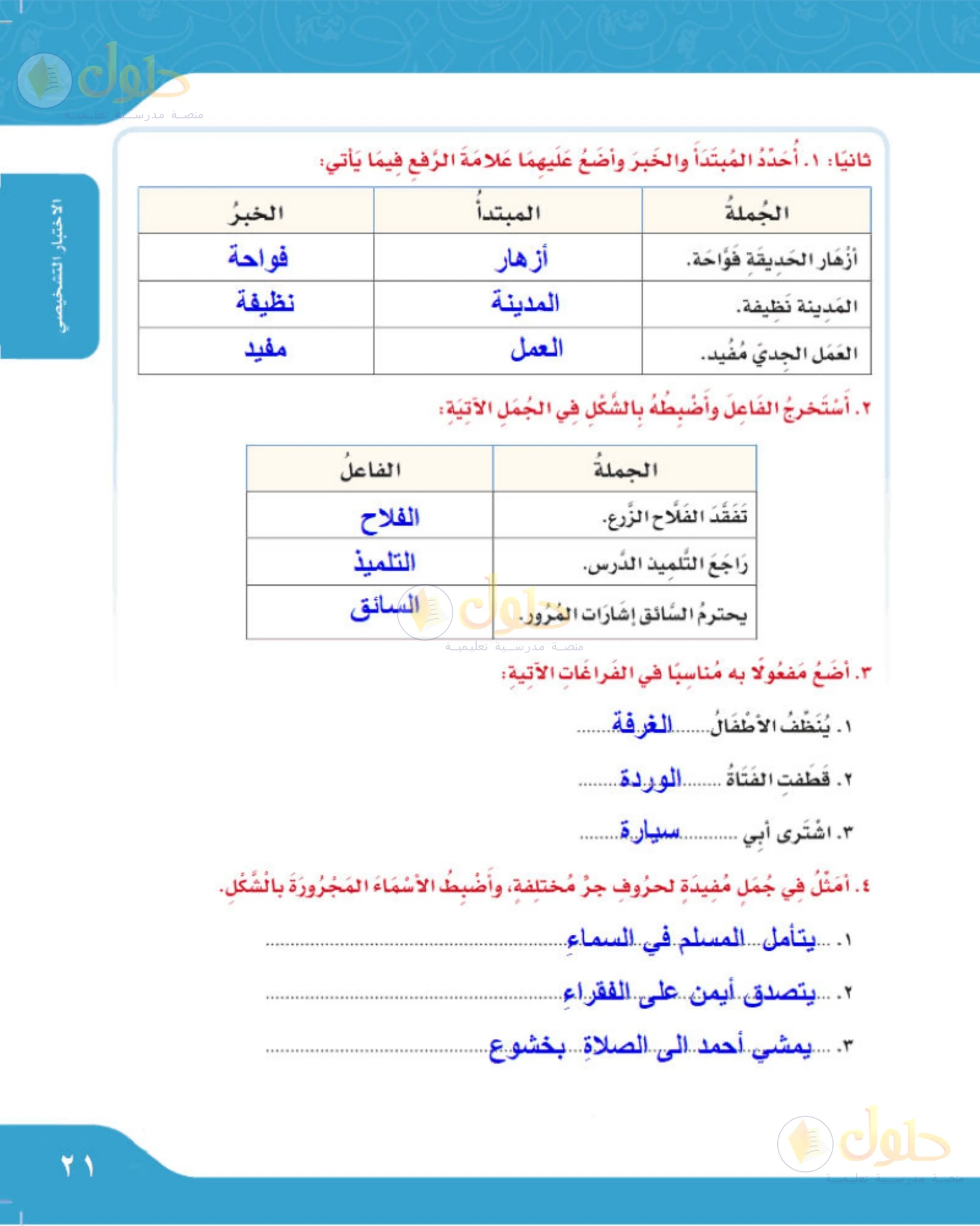 حل لغتي الجميلة للصف الخامس الابتدائي صفحة 21: تحديد المبتدأ والخبر وعلامة رفعهما