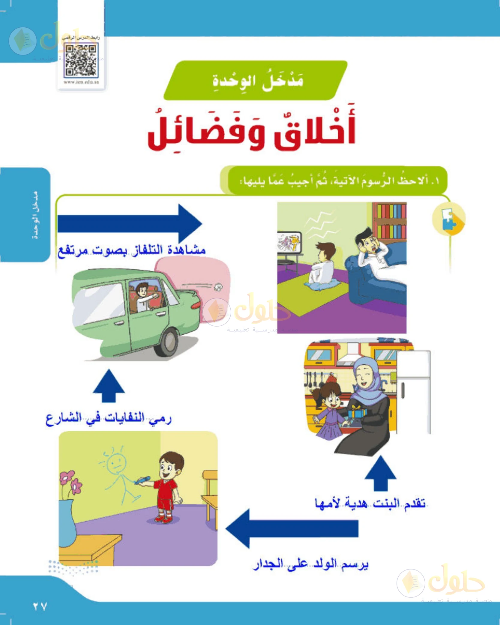 حل لغتي الجميلة للصف الخامس الابتدائي صفحة 27: التعليق على التصرفات المرسومة