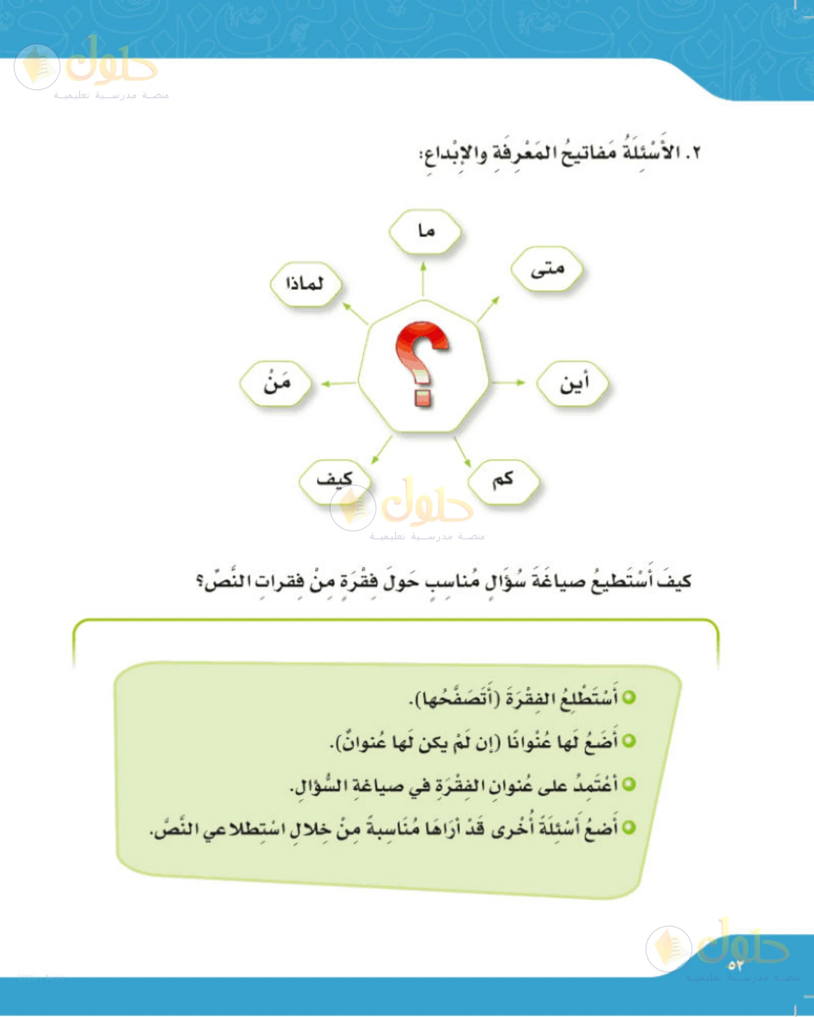 حل لغتي الجميلة للصف الخامس الابتدائي صفحة 52: الأسئلة مفاتيح المعرفة والإبداع