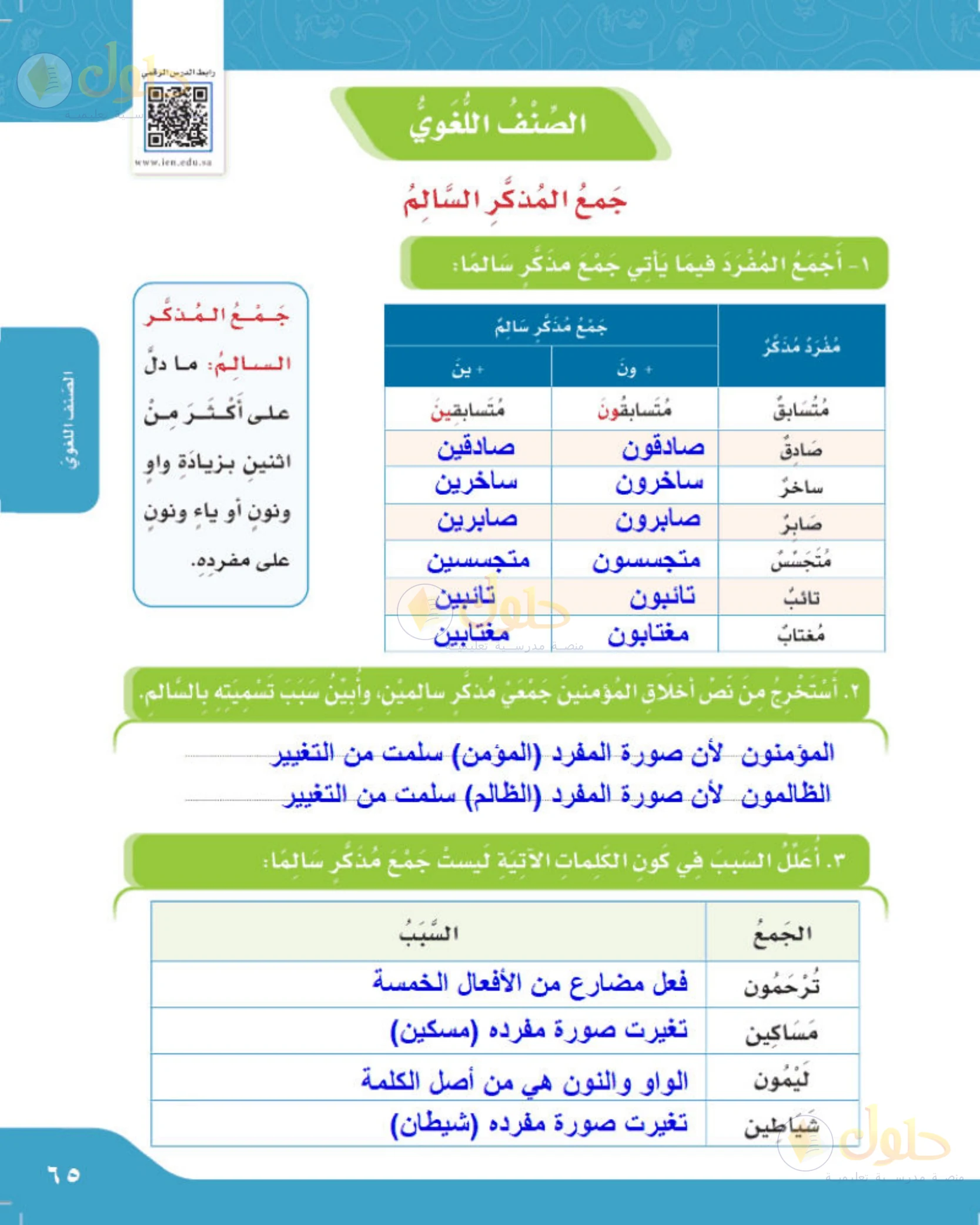 حل لغتي الجميلة للصف الخامس الابتدائي صفحة 65: جمع المفرد جمع مذكر سالمًا