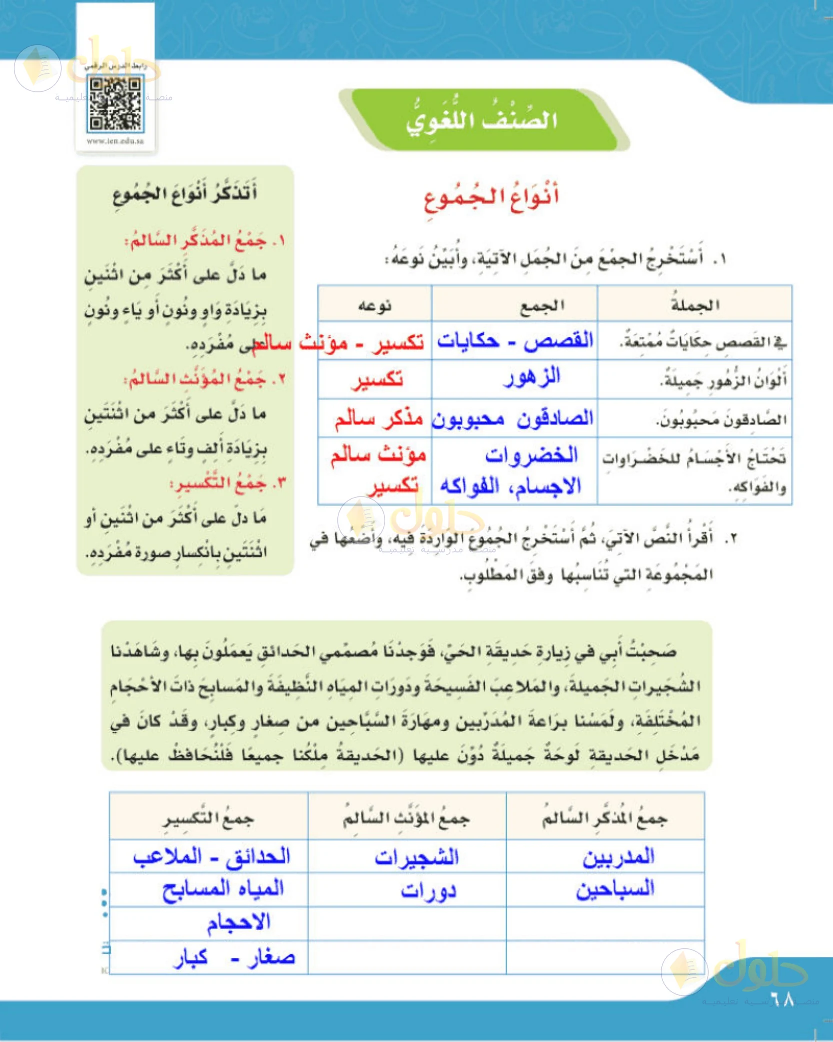 حل لغتي الجميلة للصف الخامس الابتدائي صفحة 68: استخراج الجمع وبيان نوعه