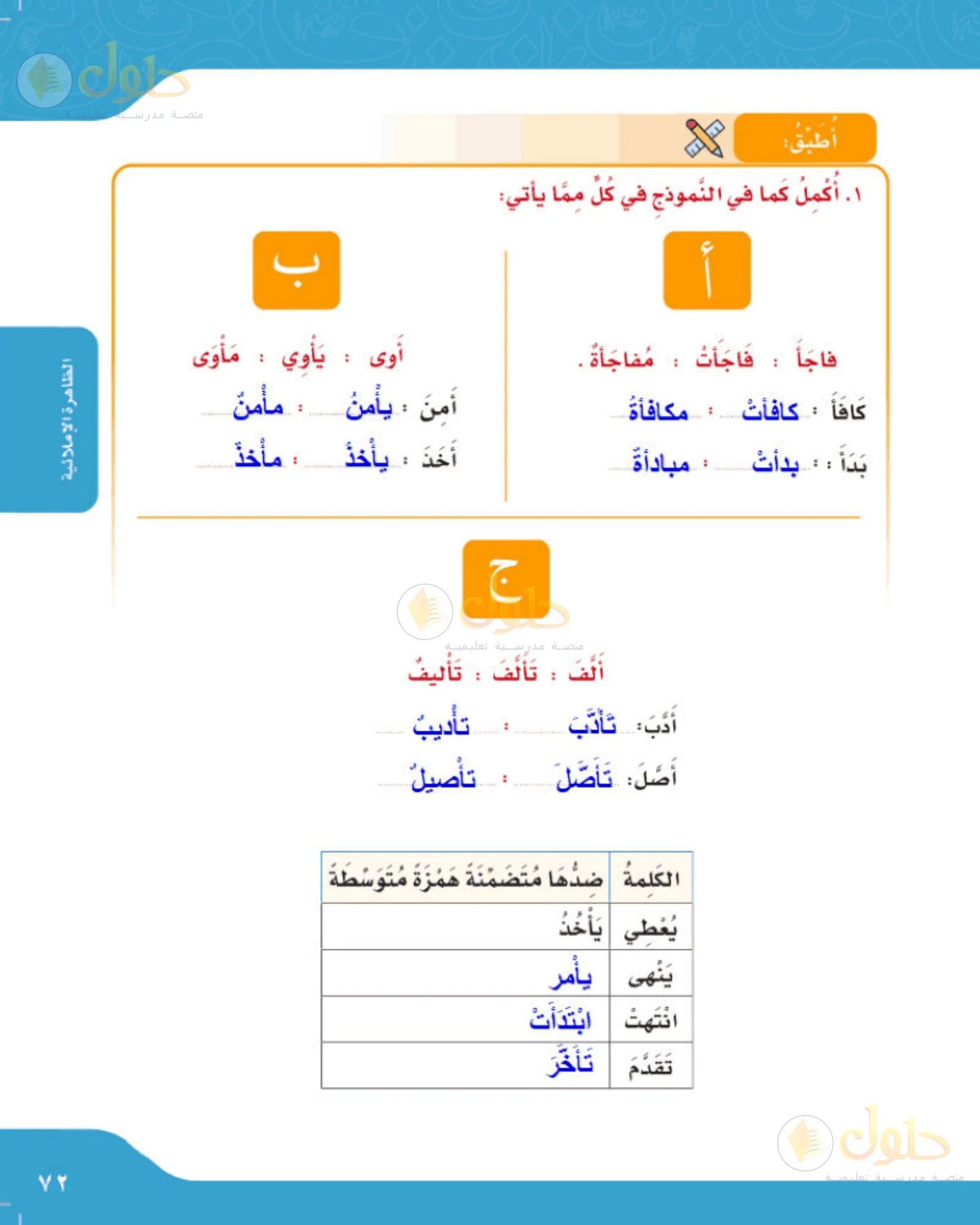 حل لغتي الجميلة للصف الخامس الابتدائي صفحة 72: إكمال المجموعات وأضداد بهمزة على واو