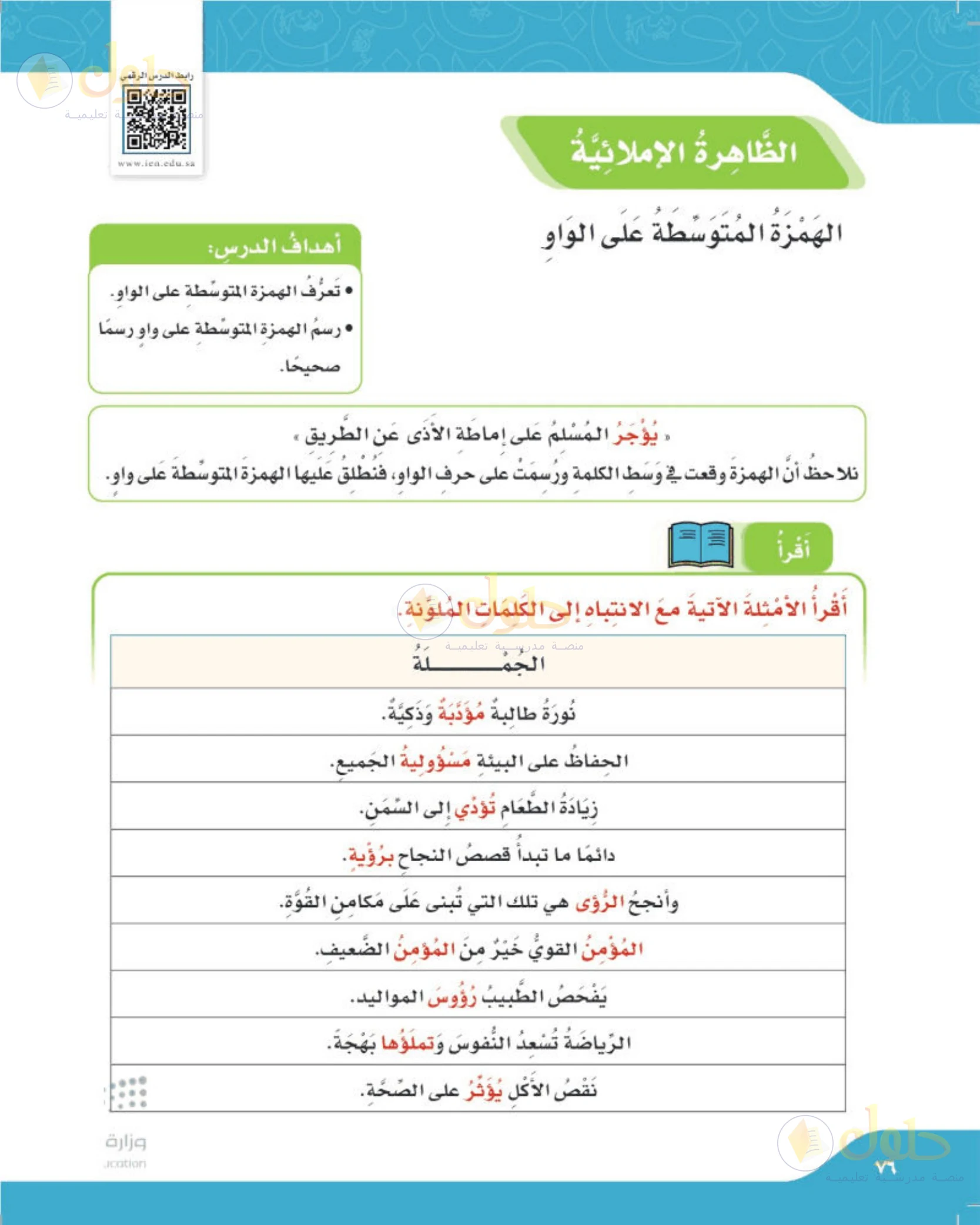 حل لغتي الجميلة للصف الخامس الابتدائي صفحة 76: الهمزة المتوسطة على الواو