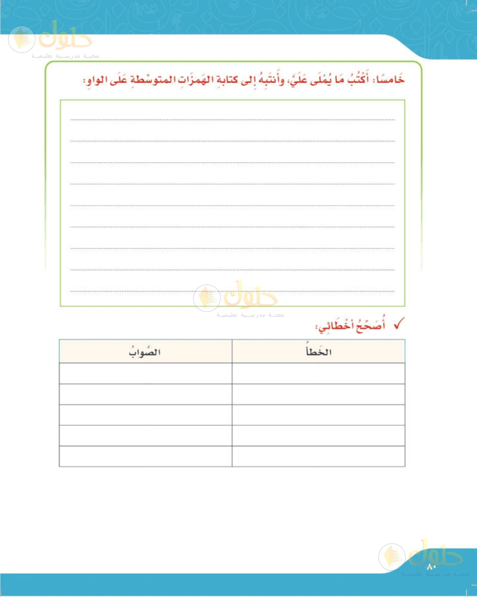 حل لغتي الجميلة للصف الخامس الابتدائي صفحة 80: إملاء الهمزة على الواو وتصحيح الأخطاء