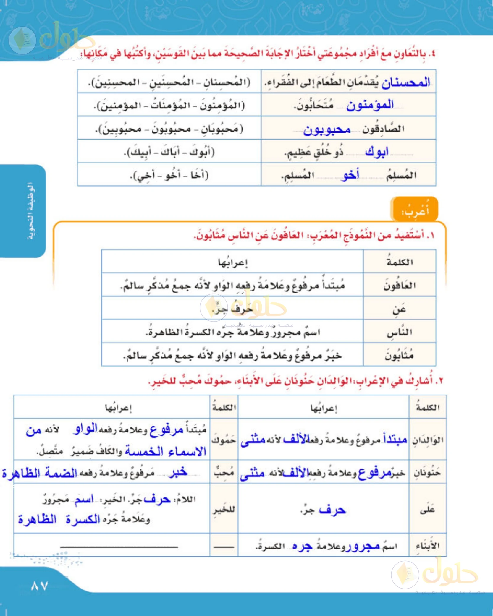 حل لغتي الجميلة للصف الخامس الابتدائي صفحة 87: اختيار الصواب من بين القوسين