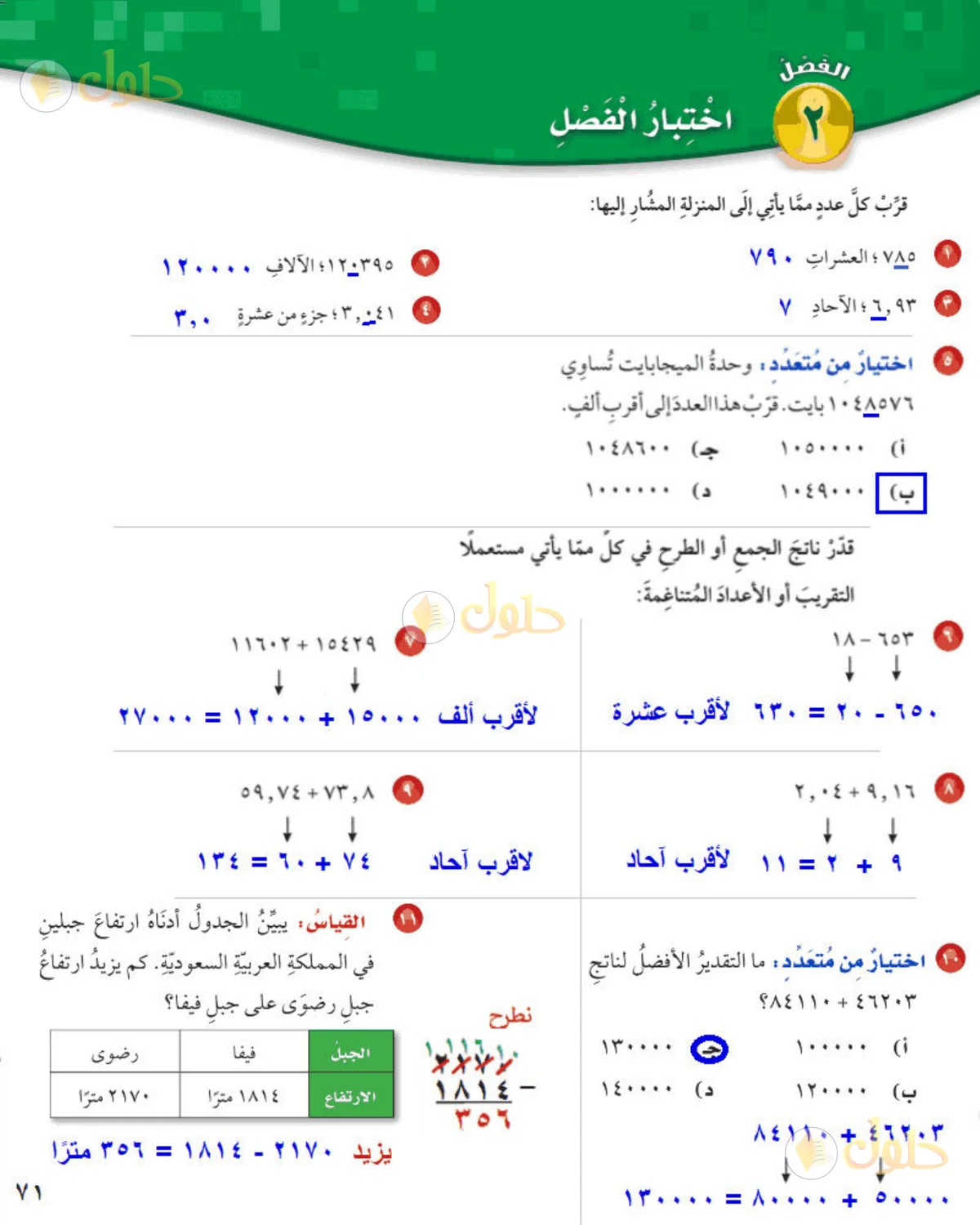 حل رياضيات الصف الخامس الابتدائي صفحة 71 الجزء 1