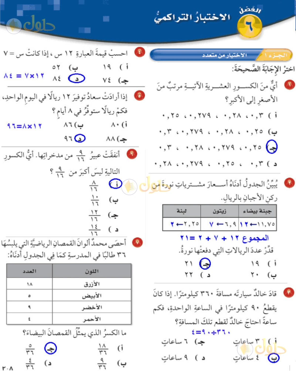 حل رياضيات الصف الخامس الابتدائي صفحة 208 الجزء 1