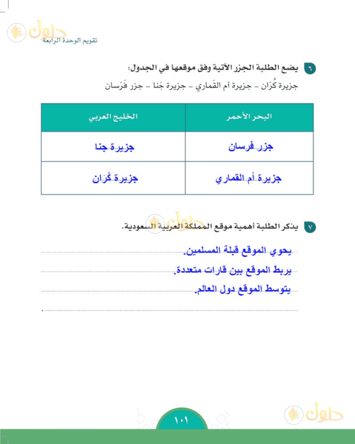 حل الدراسات الاجتماعية للصف الخامس الابتدائي صفحة 101