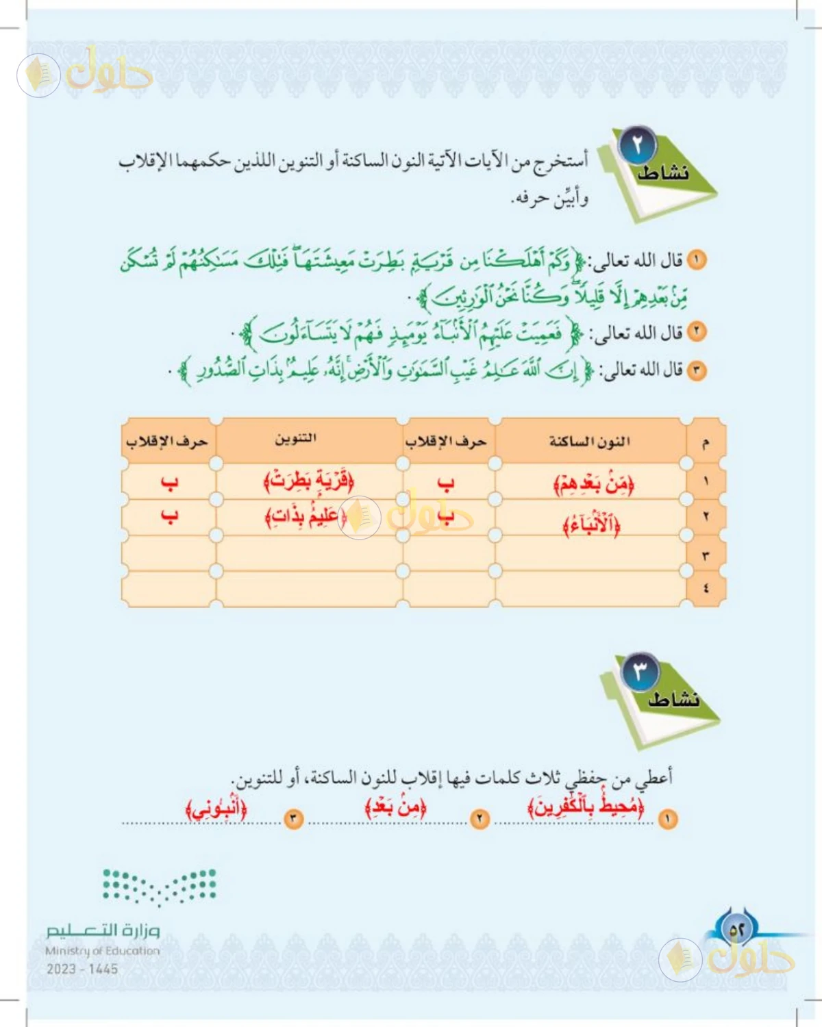 حل التجويد للصف الخامس الابتدائي صفحة 52