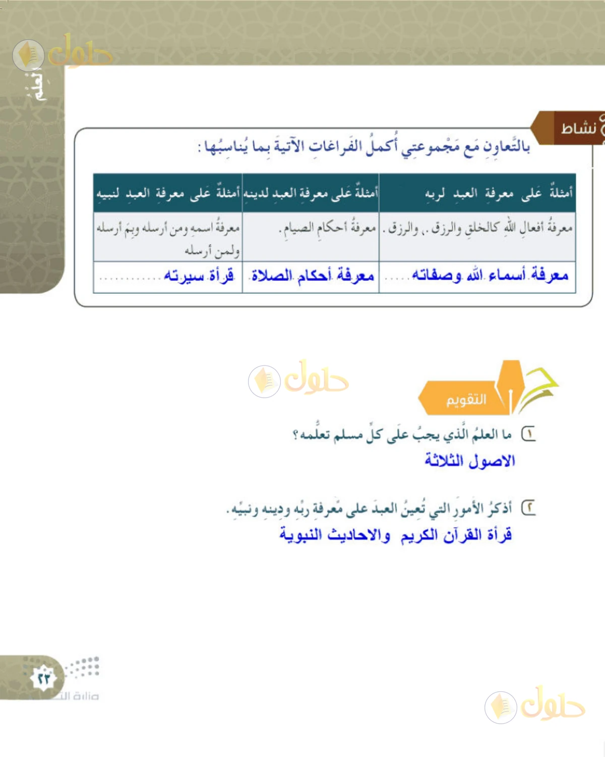 حل التوحيد للصف الخامس الابتدائي صفحة 23