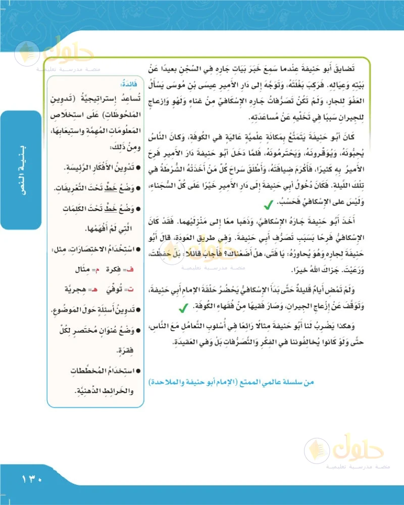 حل لغتي الجميلة للصف السادس الابتدائي صفحة 130: وصف الإمام أبي حنيفة
