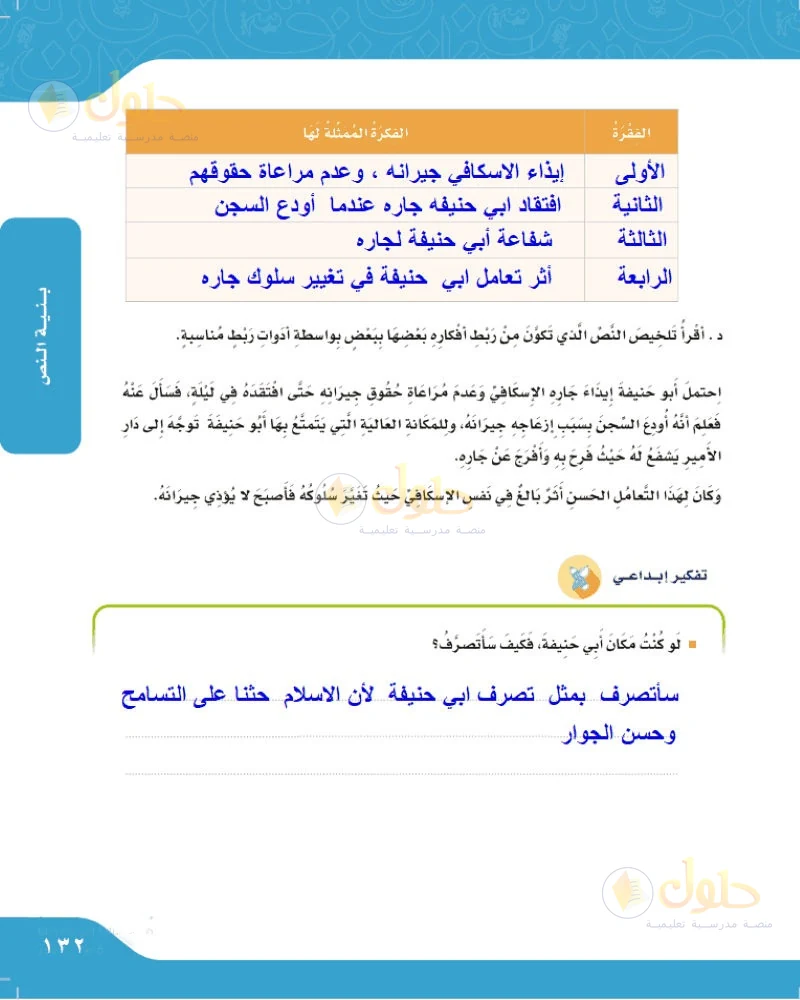 حل لغتي الجميلة للصف السادس الابتدائي صفحة 132: جدول الفقرة والفكرة