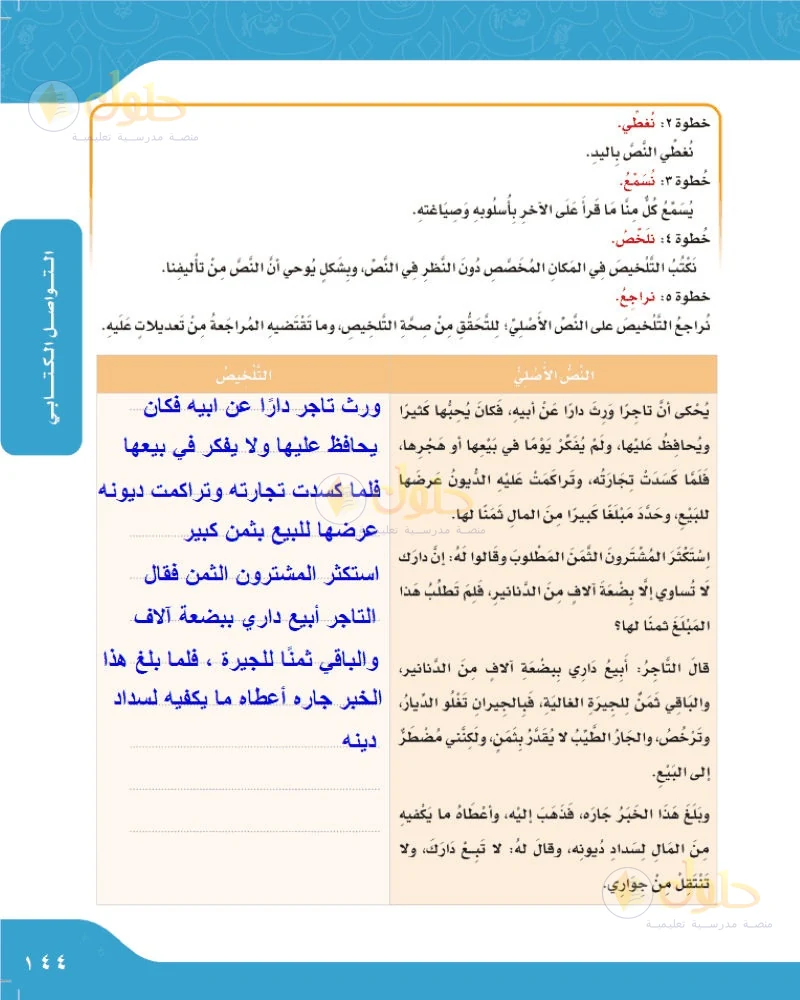 حل لغتي الجميلة للصف السادس الابتدائي صفحة 144: ألخص قصة التاجر وجاره