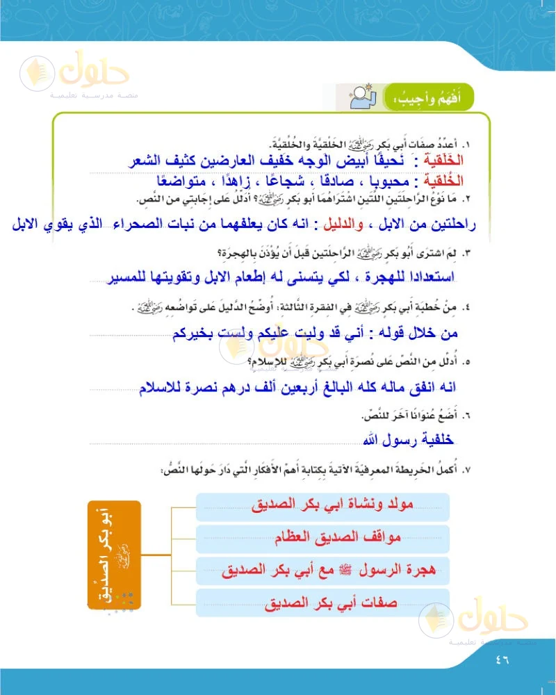 حل لغتي الجميلة للصف السادس الابتدائي صفحة 46: صفات أبي بكر