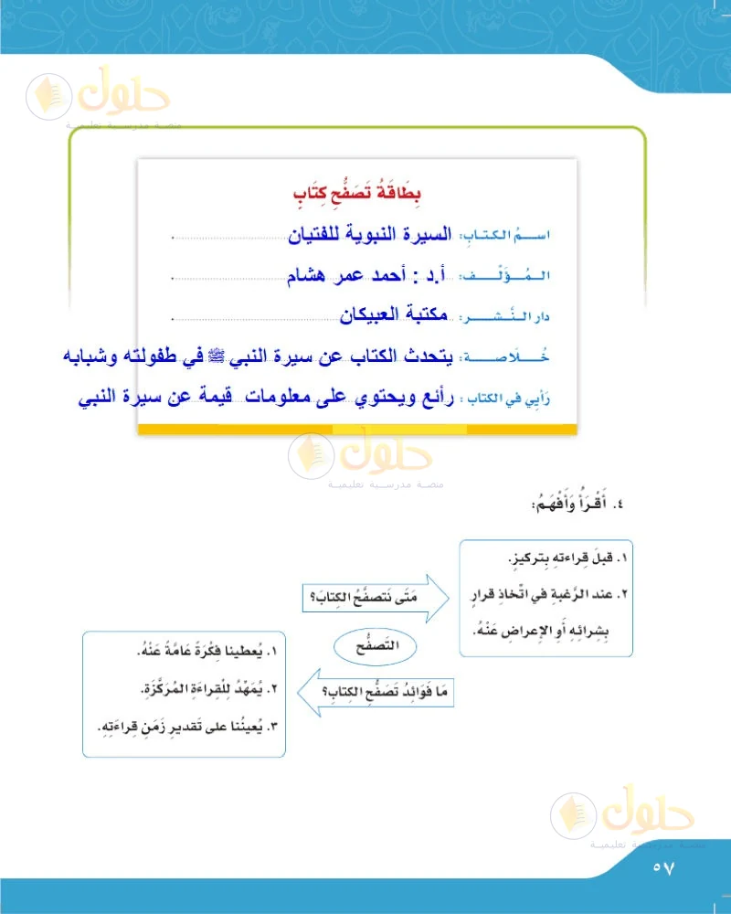 حل لغتي الجميلة للصف السادس الابتدائي صفحة 57: متى نتصفح الكتاب وما فوائد تصفح الكتاب