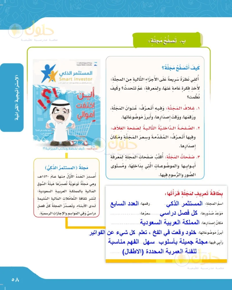 حل لغتي الجميلة للصف السادس الابتدائي صفحة 58: بطاقة تعريف لمجلة قرأتها المستثمر الذكي